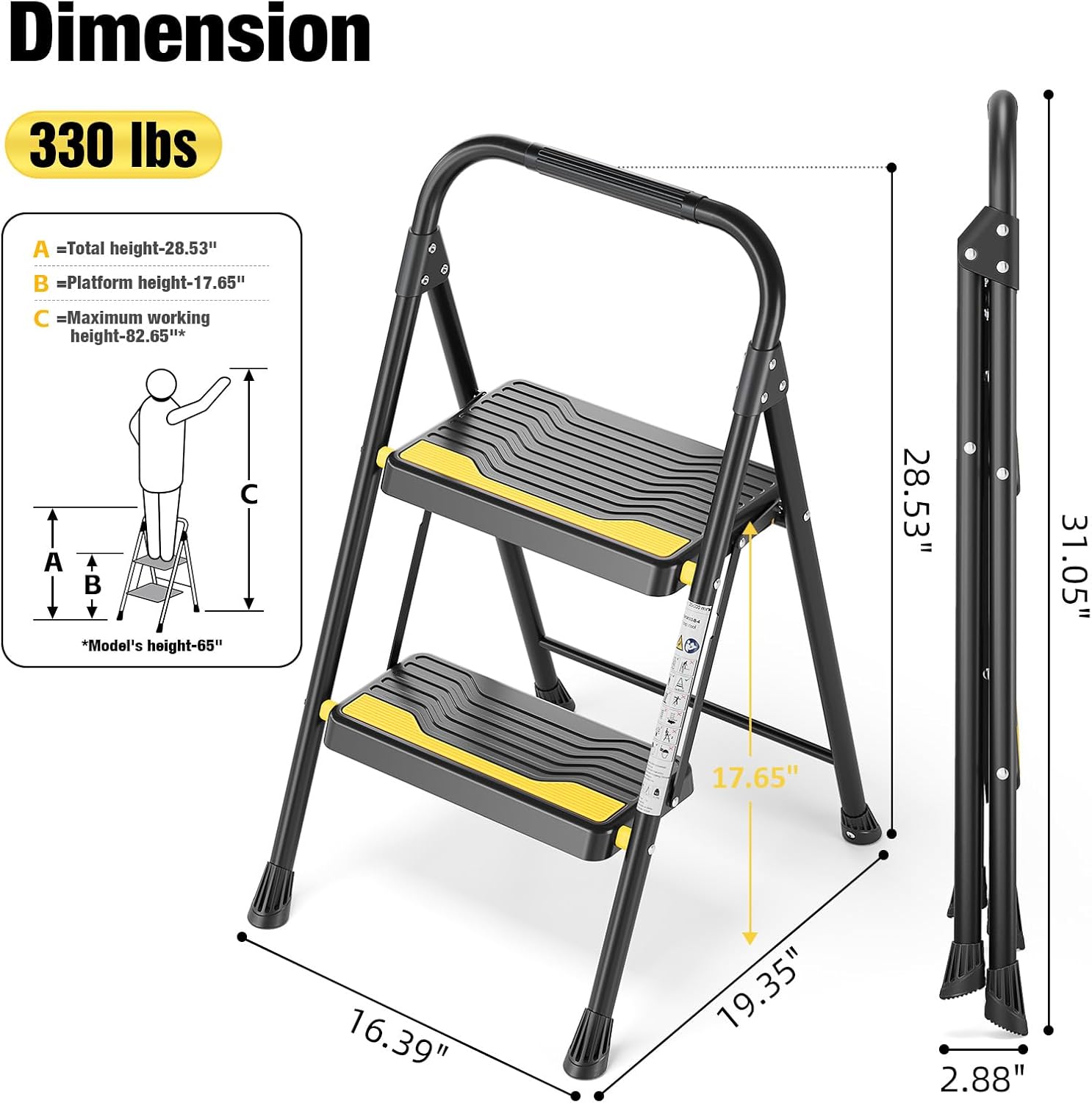 Detalle de Urackify 2 Step Ladder (Heavy-Duty, 330 LBS capacity) with anti-slip steps and secure handrail