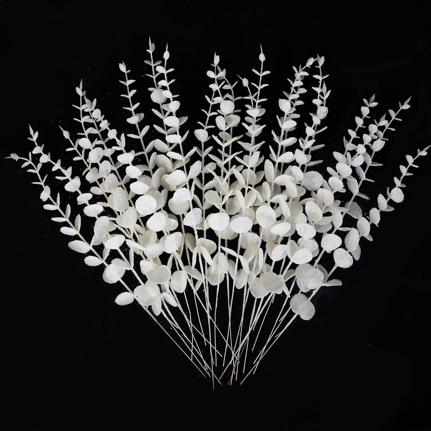 Detalle de Leixi 24pcs Glitter Eucalyptus Leaves Stems, 13.8in – Frosted White for Wedding, Christmas and Seasonal Decor