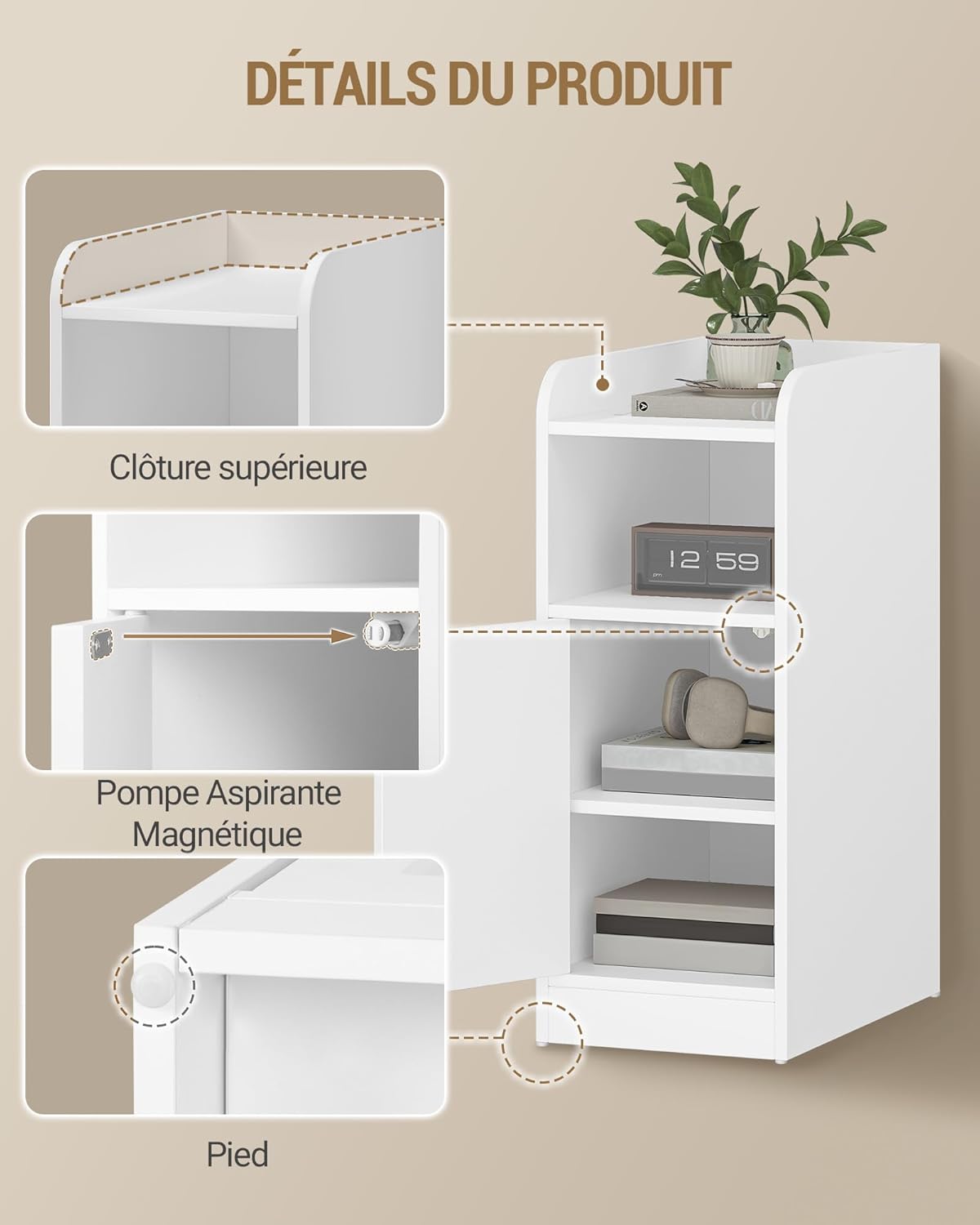Detalle 2 de Hzuaneri Table de Chevet étroite avec porte d'armoire – blanc (NS00303X)