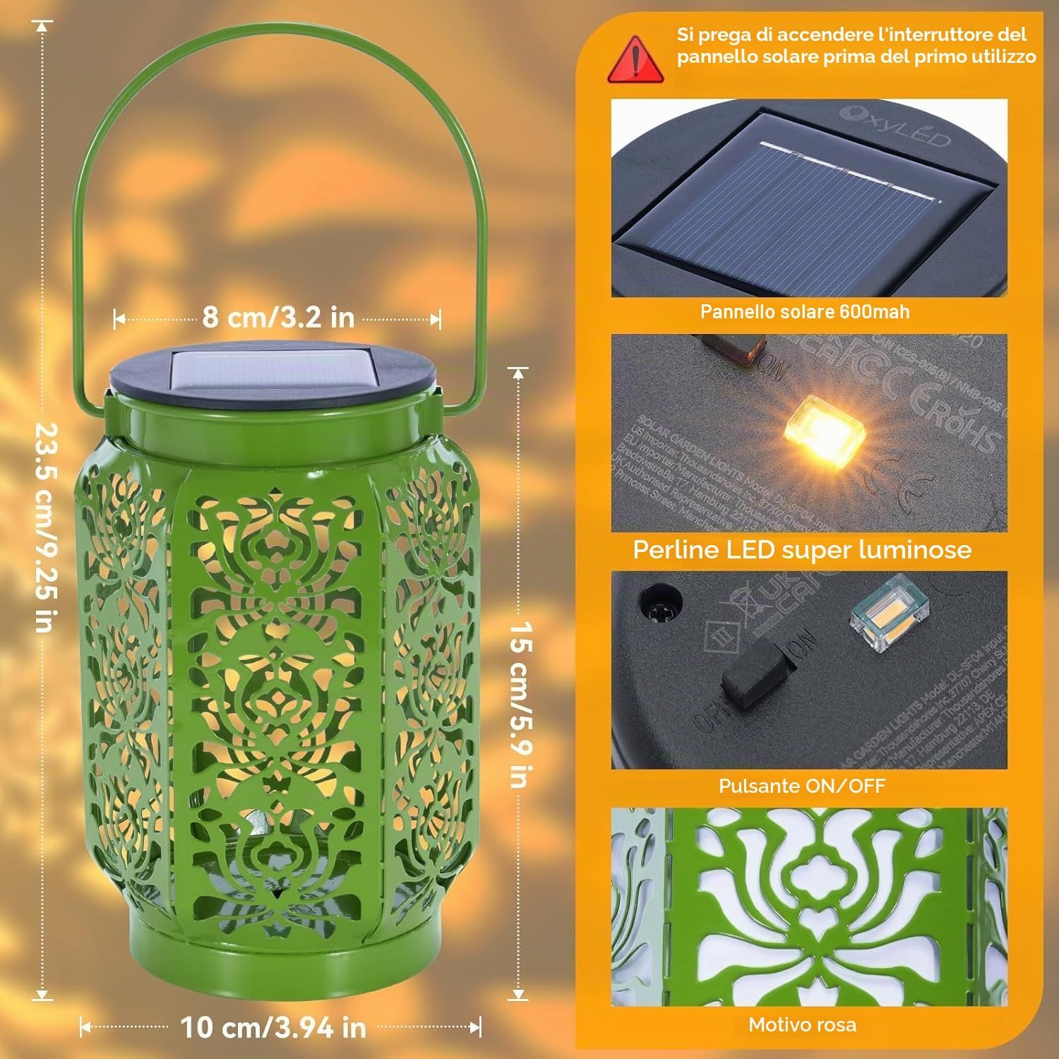 Detalle de OxyLED Lanterna Solare da Esterno a 4 Colori con Manico – IP44, senza fili