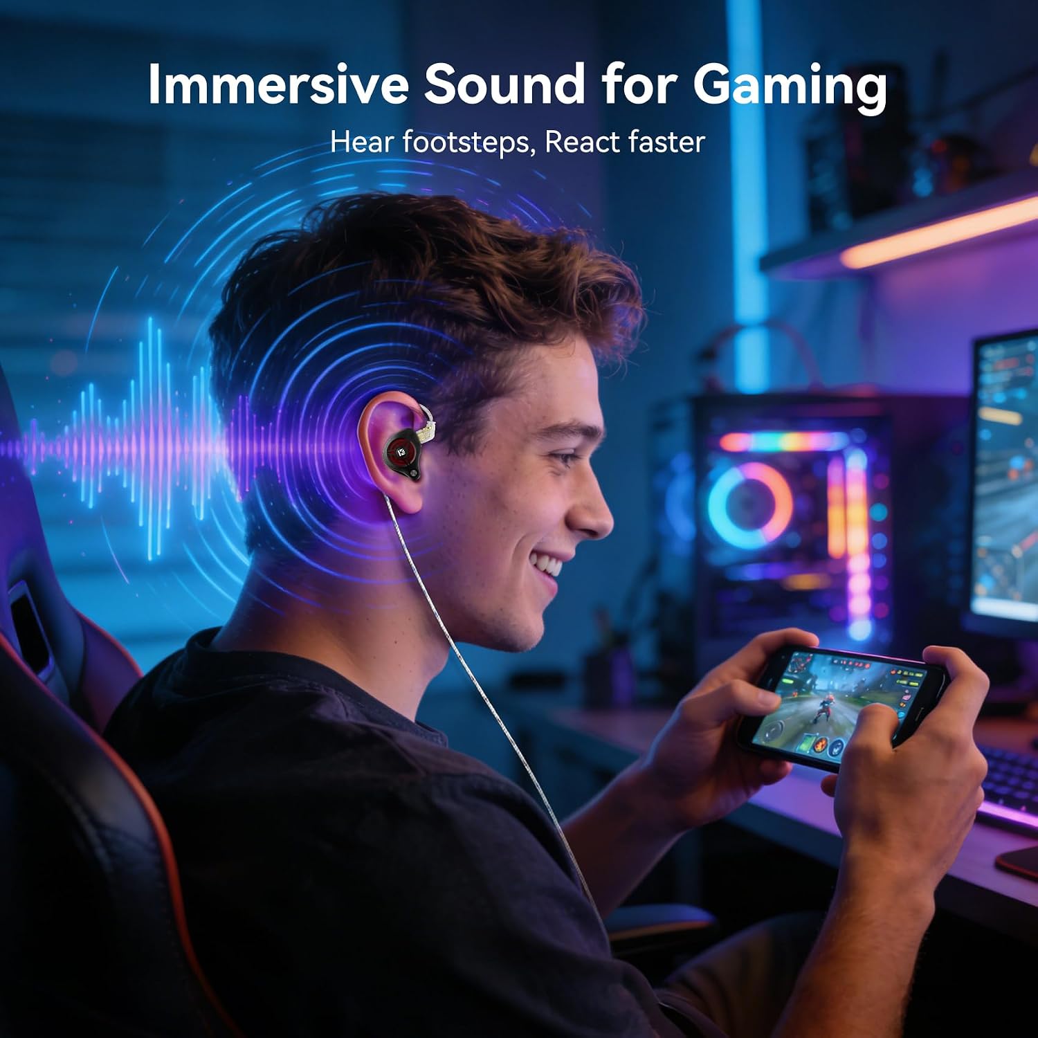 Detalle 2 de Yinyoo KBEAR BK1 Gaming Earbuds with Mic – 10mm Dynamic Driver, 3.5mm Wired In‑Ear Headphones