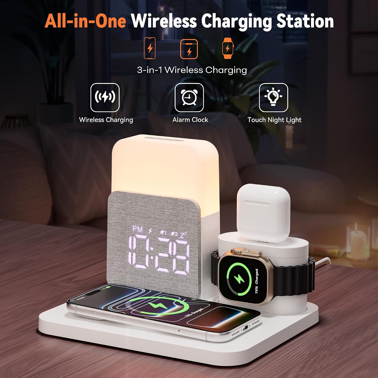 Detalle de COLSUR 6 in 1 Magnetic Wireless Charging Station with Alarm Clock and Night Light