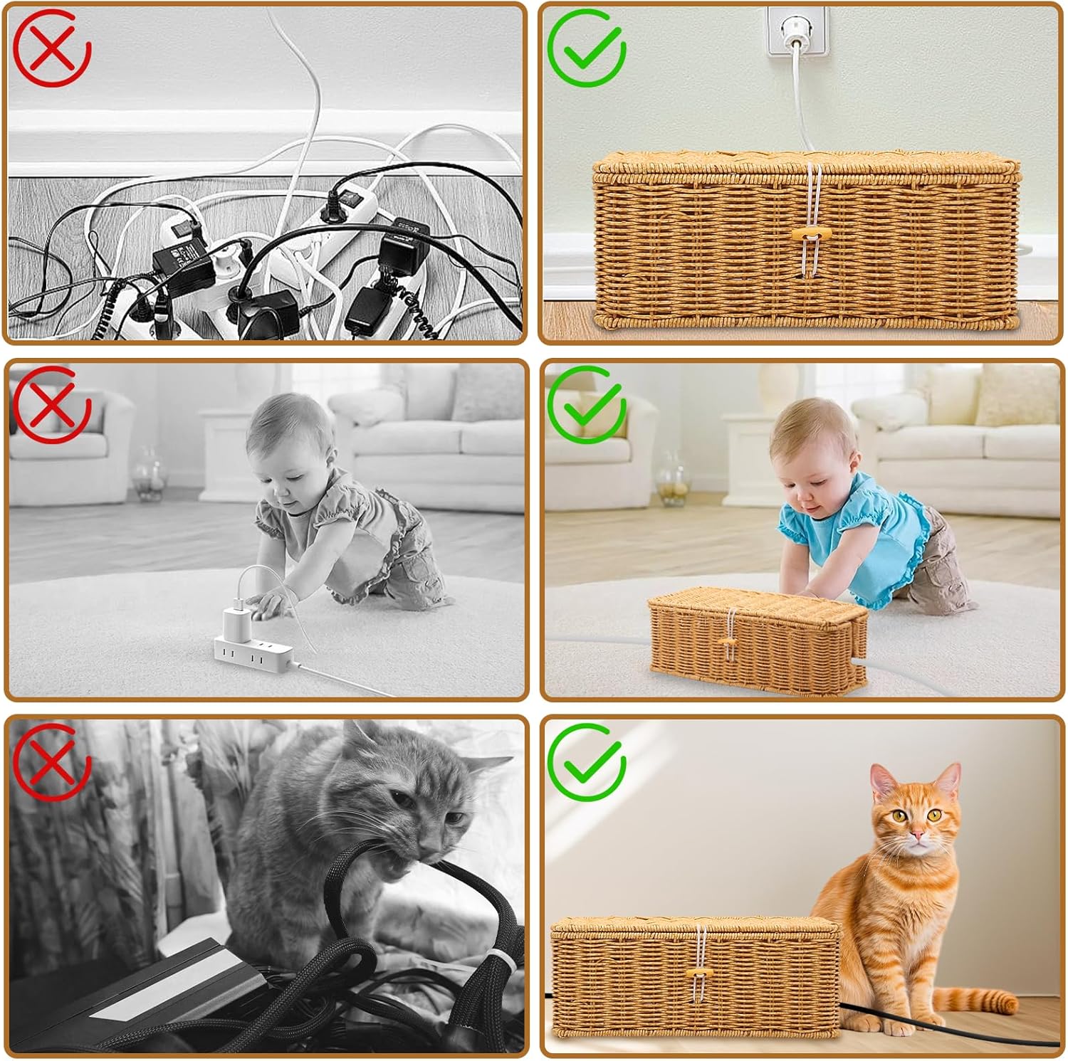 Thumbnail 6 de Cable Management Box, 2 Pack – Handmade Imitation Rattan Cable Tidy Box with Locked Cover