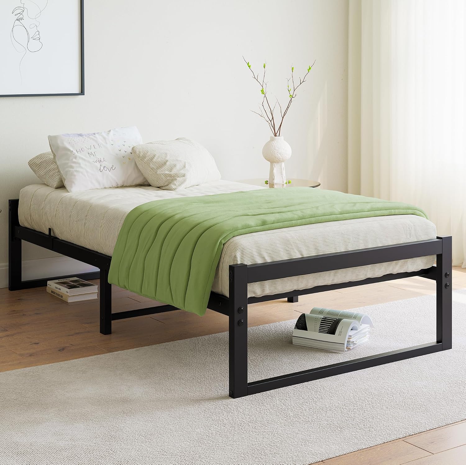 Detalle de VECOCHO Twin Metal Platform Bed Frame, Black Steel Slats, Under-Bed Storage