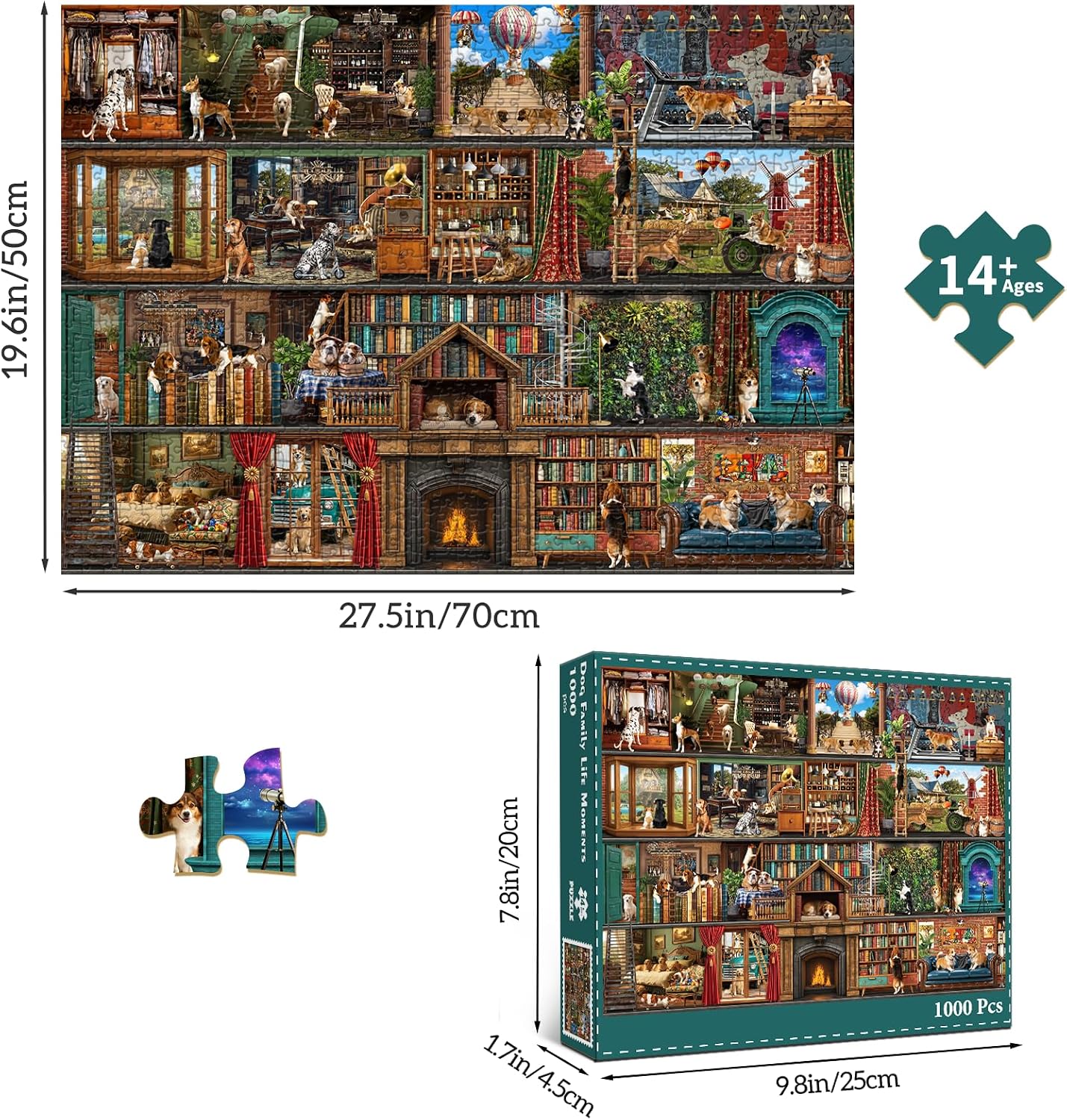 Detalle de HUADADA Puzzle 1000 Teile: Tiere‑Familieninteraktives Puzzle – Hundeleben Theater, 70 × 50 cm