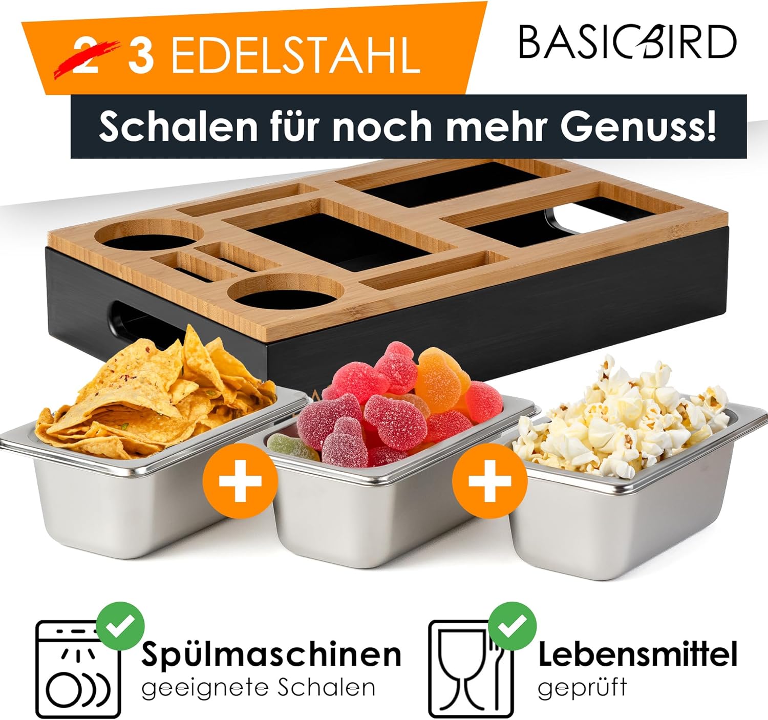 Thumbnail 1 de BASICBIRD® Couchbar Snackbox: Organizer-Tablett mit 3 Snackschalen, Getränkehalter und Fächern (Black Body)