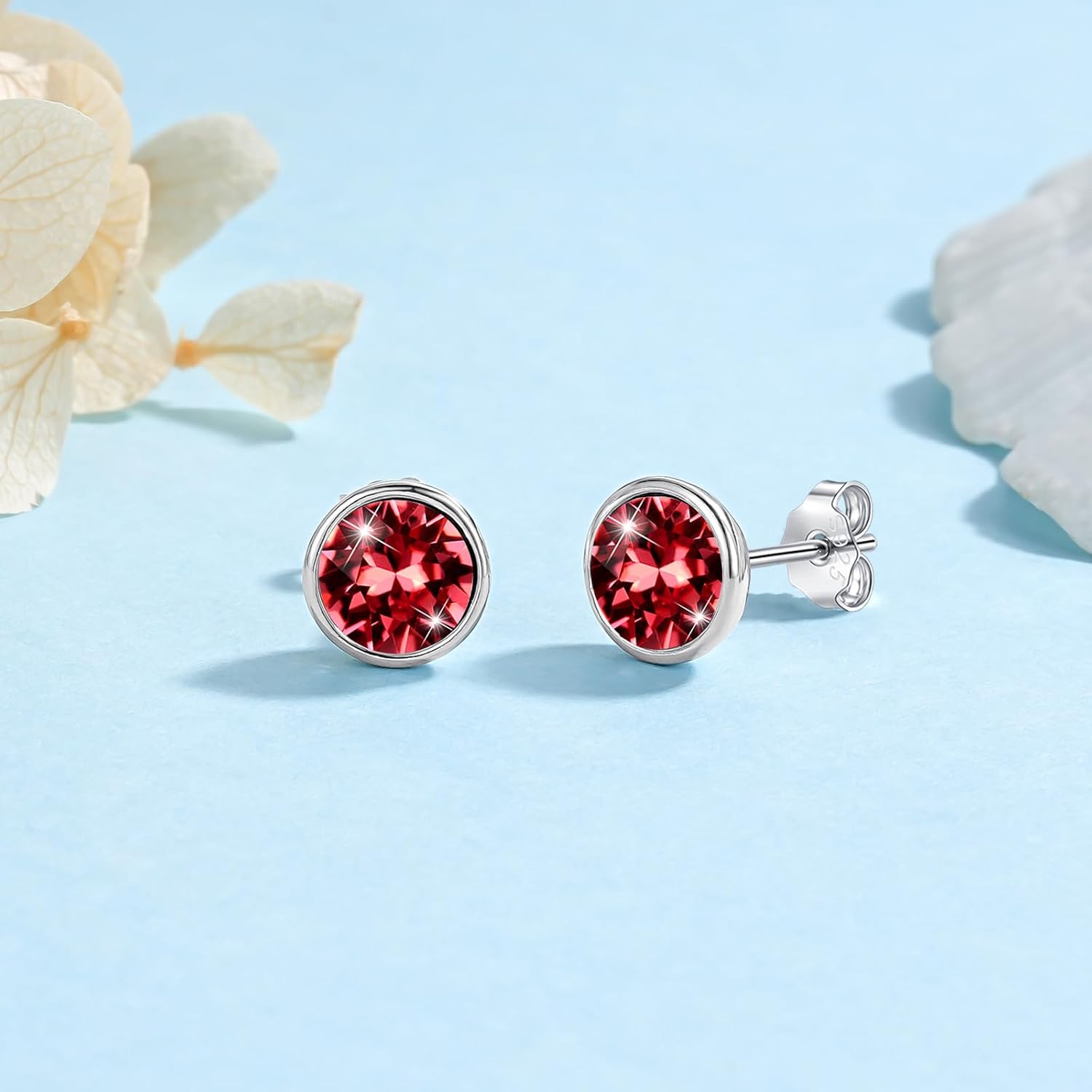 Detalle de Josfeva Ohrstecker Silber 925 – Kleine runde Kristall-Ohrringe in Blau, Grün, Rosa, Schwarz und mehr (8 mm) inkl. Geschenkbox
