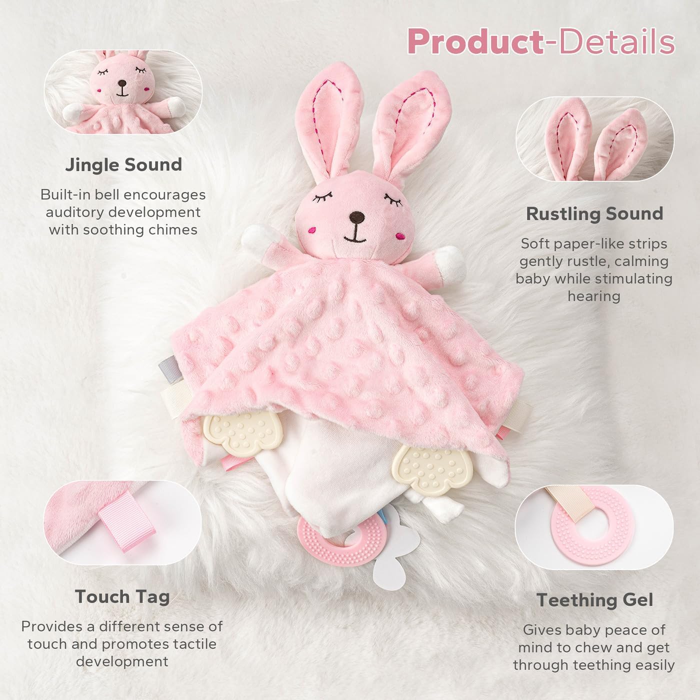 Detalle de ZIGJOY Baby Comforter with Crinkle Foil and Bell – Taggie Blanket Gift for Newborns (Pink Bunny)