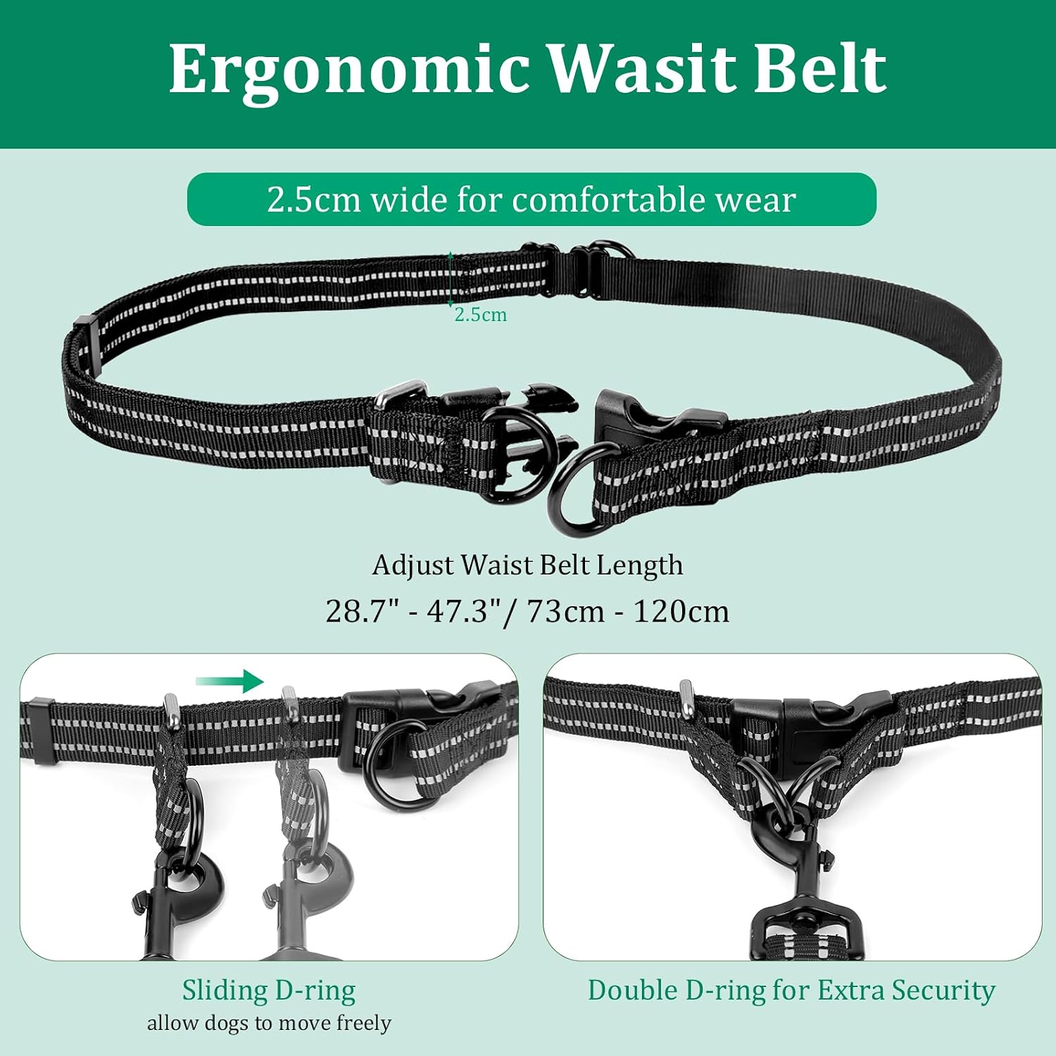 Thumbnail 3 de Philorn Hands Free Two-Dog Lead with Adjustable Waist Belt – Dual Handles, 2 Shock Absorbers, Black