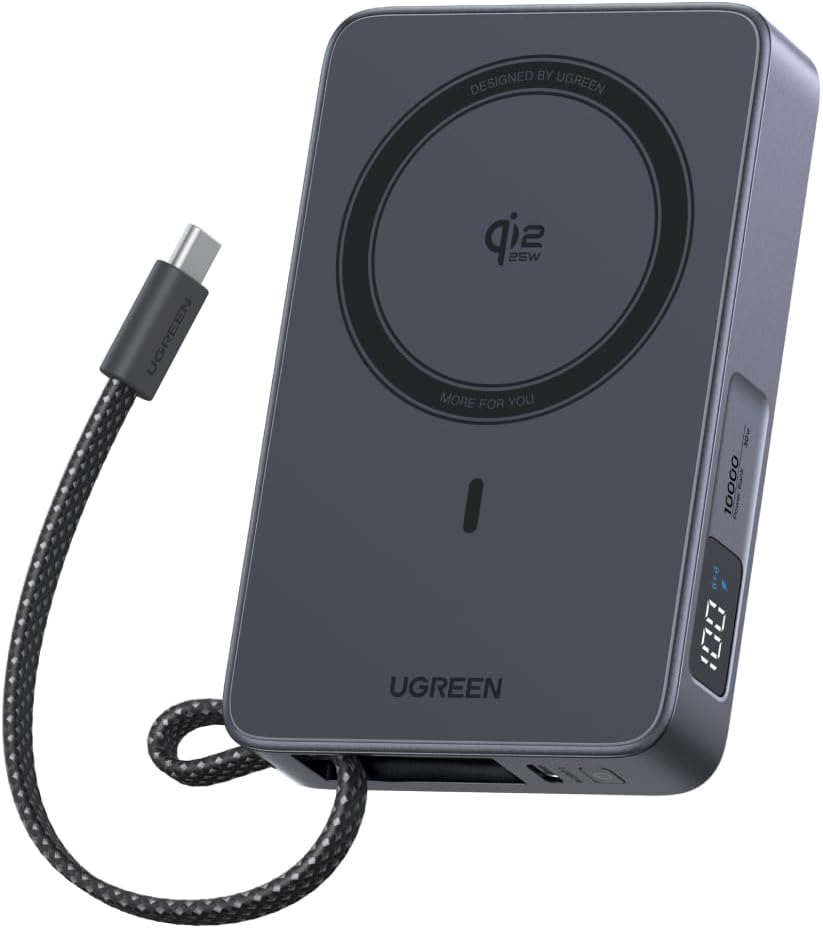 Detalle de UGREEN MagFlow for MagSafe Power Bank Qi2 25W – 10000mAh Magnetic Wireless Charger (Grey)