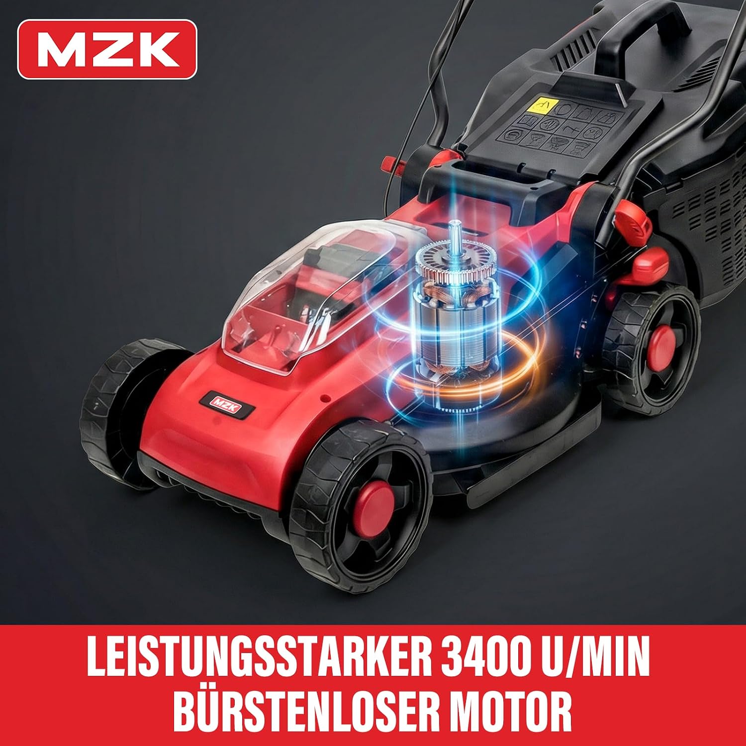 Detalle de MZK 20V Akku-Rasenmäher — 34 cm Schnittbreite, 4-fache Schnitthöhenverstellung, 31-Liter Fangkorb (inkl. 2×4,0 Ah Akkus) in Rot
