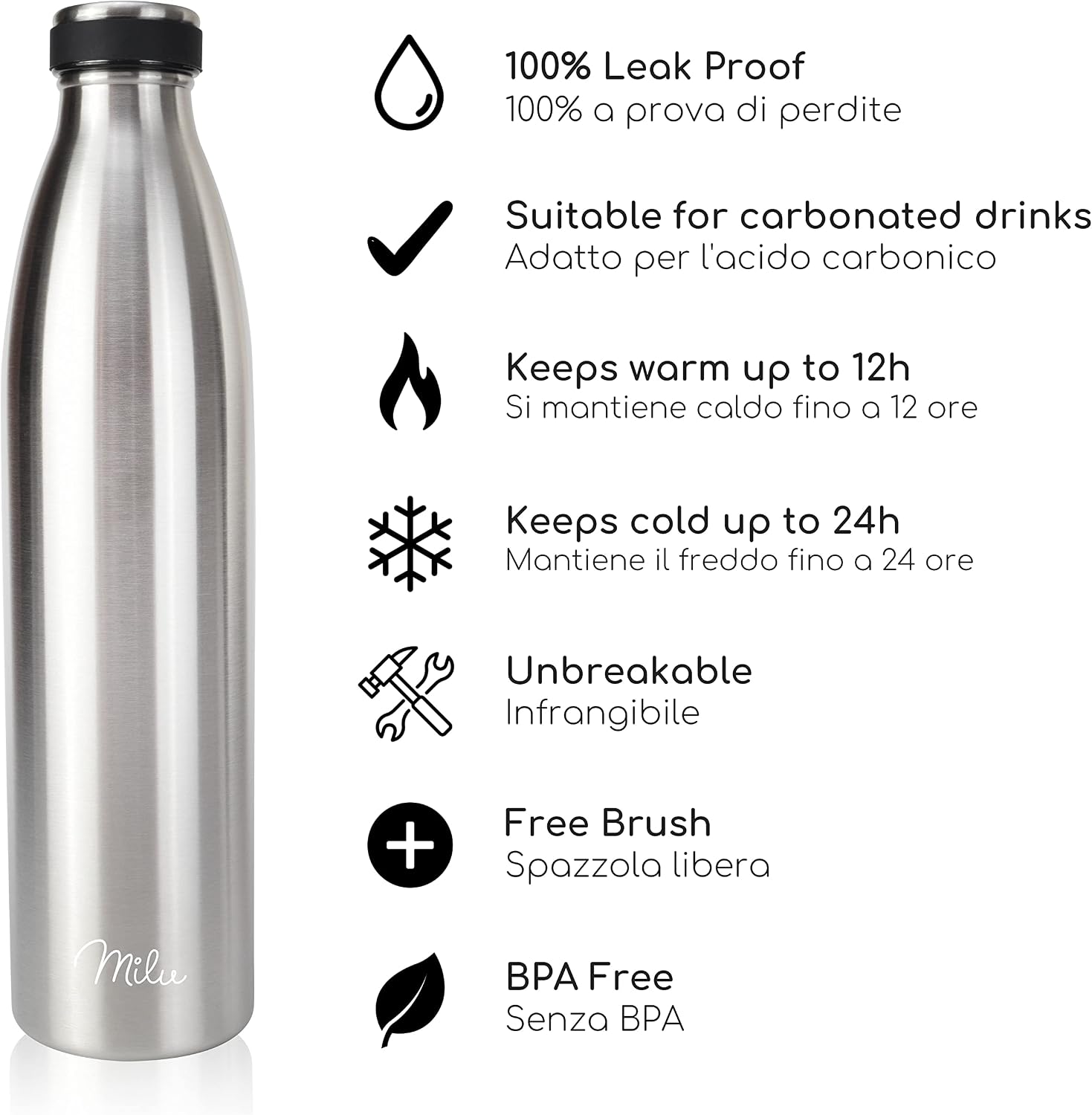 Detalle 2 de Milu Thermo in acciaio inox 1,5 L – borraccia termica resistente, svuota perdite e comoda da portare
