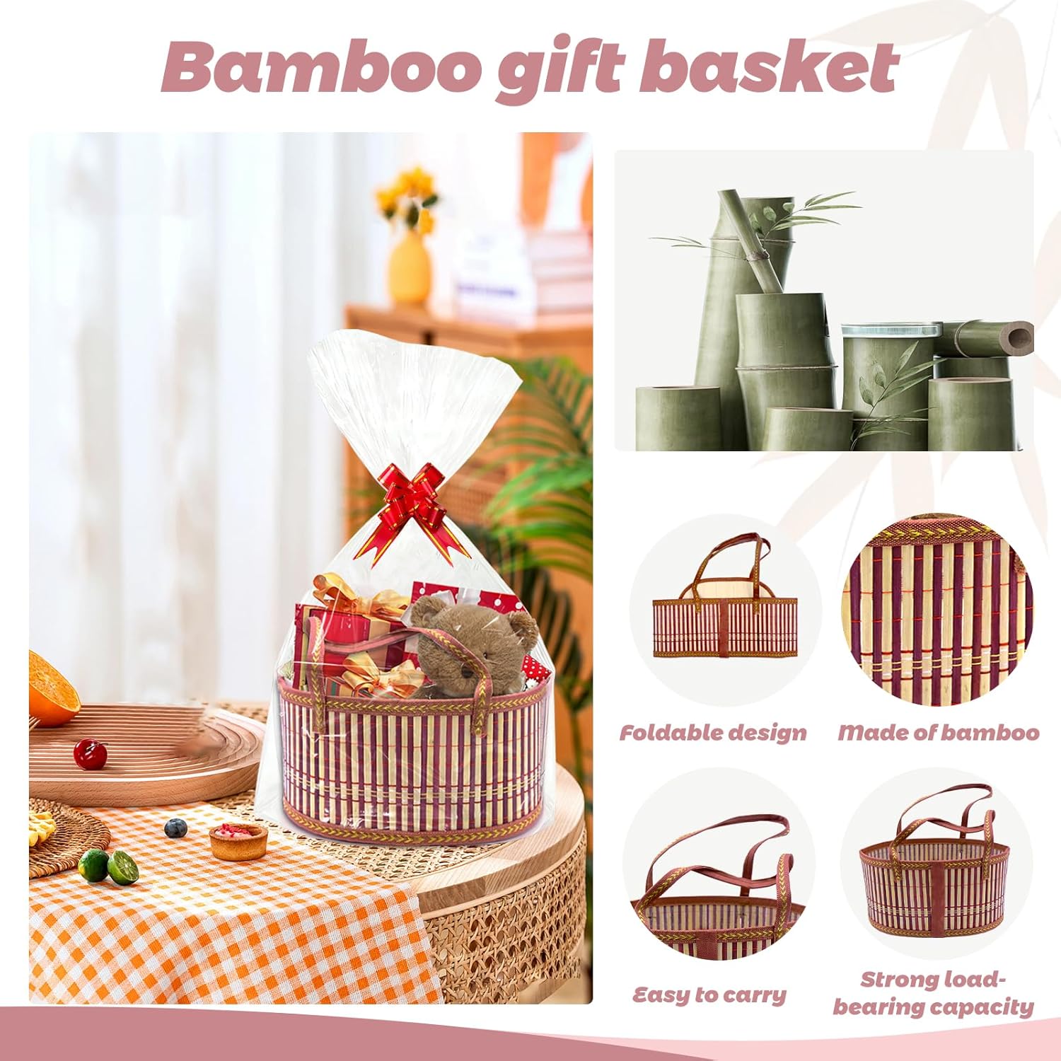 Thumbnail 2 de FORYNXHWIN Empty Hamper Basket Kit – 30x20x16cm Bamboo Gift Basket with Accessories