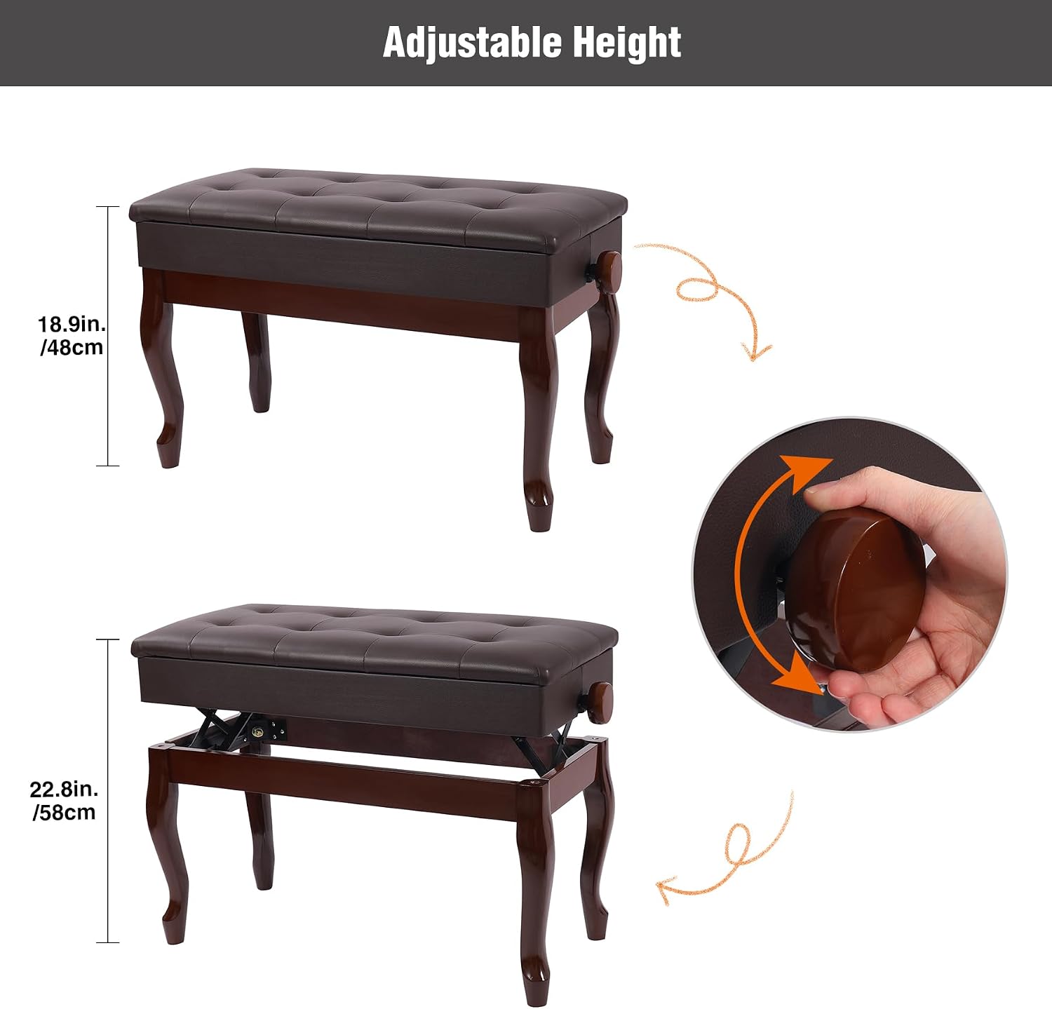Detalle 2 de ALAPUR 18470 Adjustable Duet Piano Bench with Storage, Brown PU Leather