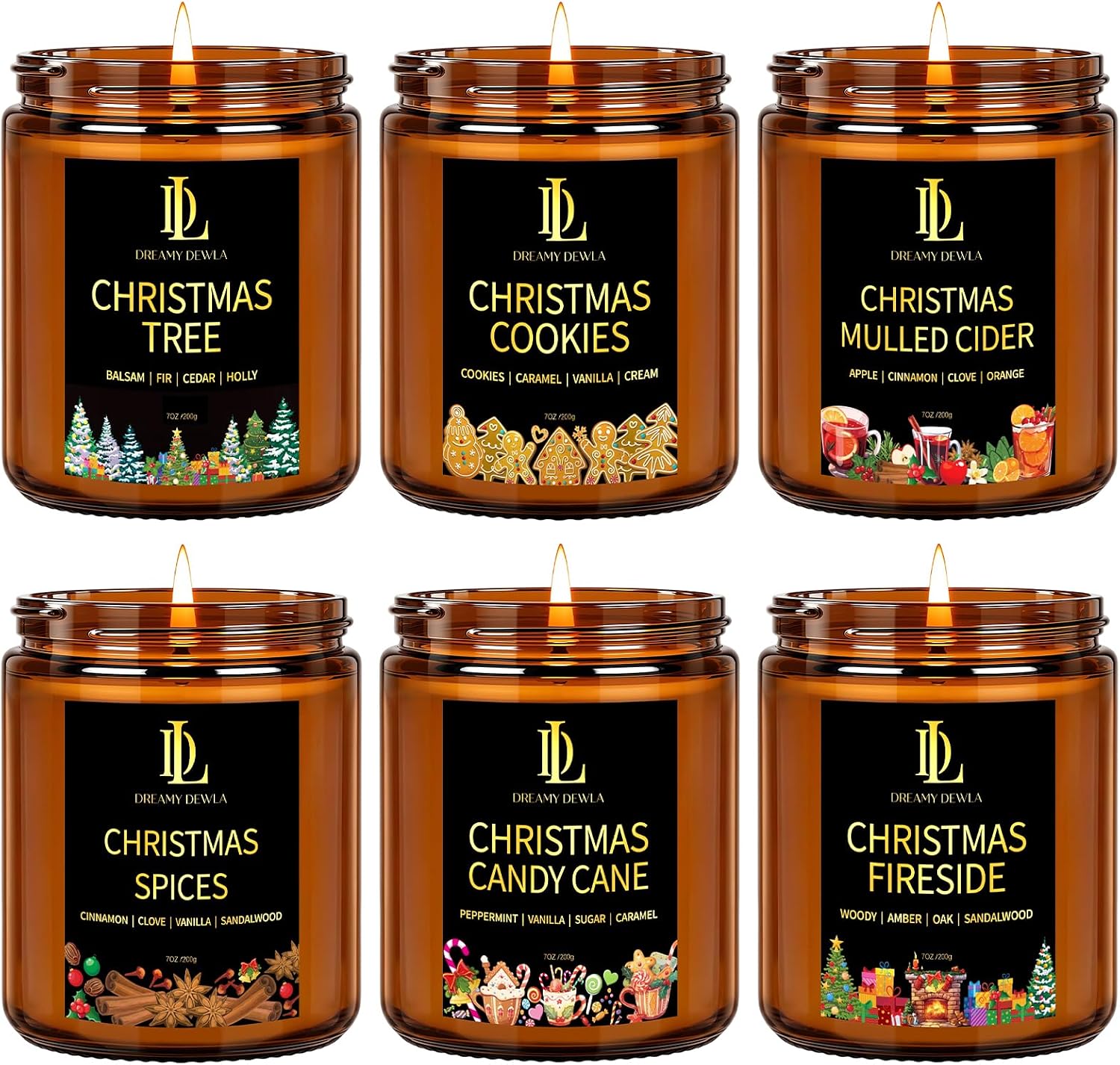 Detalle de DL DREAMY DEWLA Christmas Candle Set, 6 Soy Wax Jars, 42 oz, 6 Holiday Scents