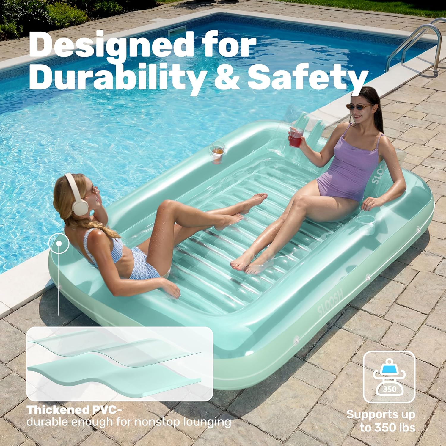 Thumbnail 4 de SLOOSH Inflatable Tanning Pool Lounger Float (85" x 57") with Pillow, 4-in-1 Sunbathing Raft Floatie – XL-Cyan