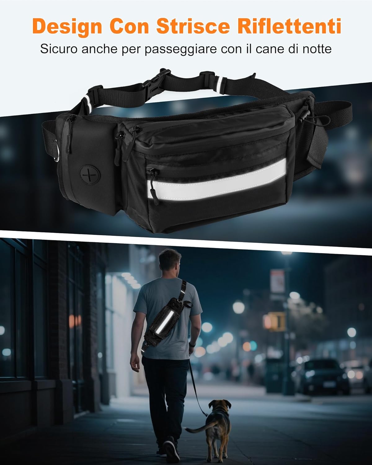 Detalle de Razobws Borsa Porta Snack per Cani con dispenser integrato e bande riflettenti, marsupio impermeabile nero