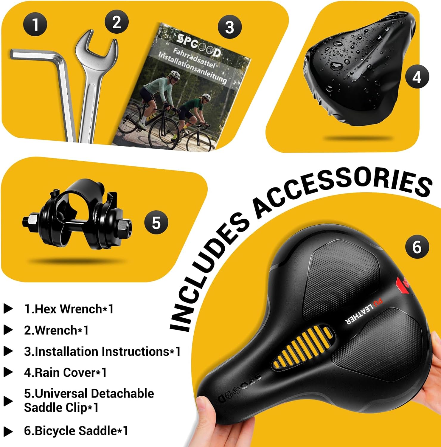 Thumbnail 5 de SPGOOD Fahrradsattel mit Memory-Foam, wasserdichtem Überzug und Universal-Kloben (25 × 21 cm) für City, MTB & Rennrad