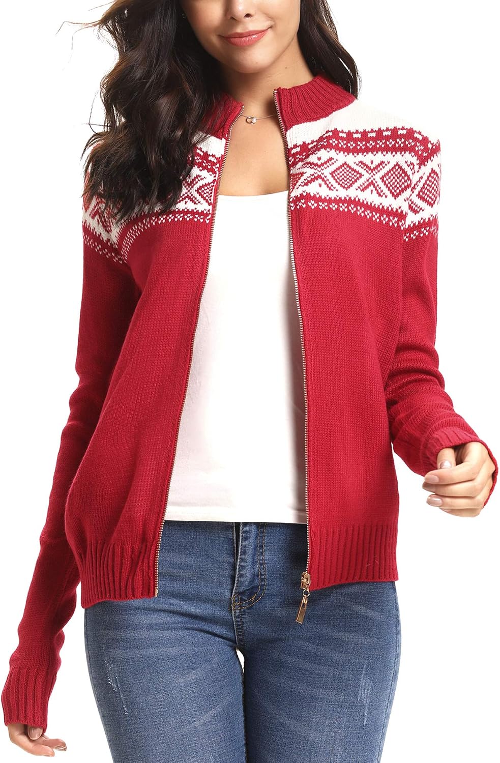 Detalle de Sykooria Women’s Christmas Knit Cardigan with Reindeer & Snowflake Print (Open Front, Zip-Up) for Autumn/Winter