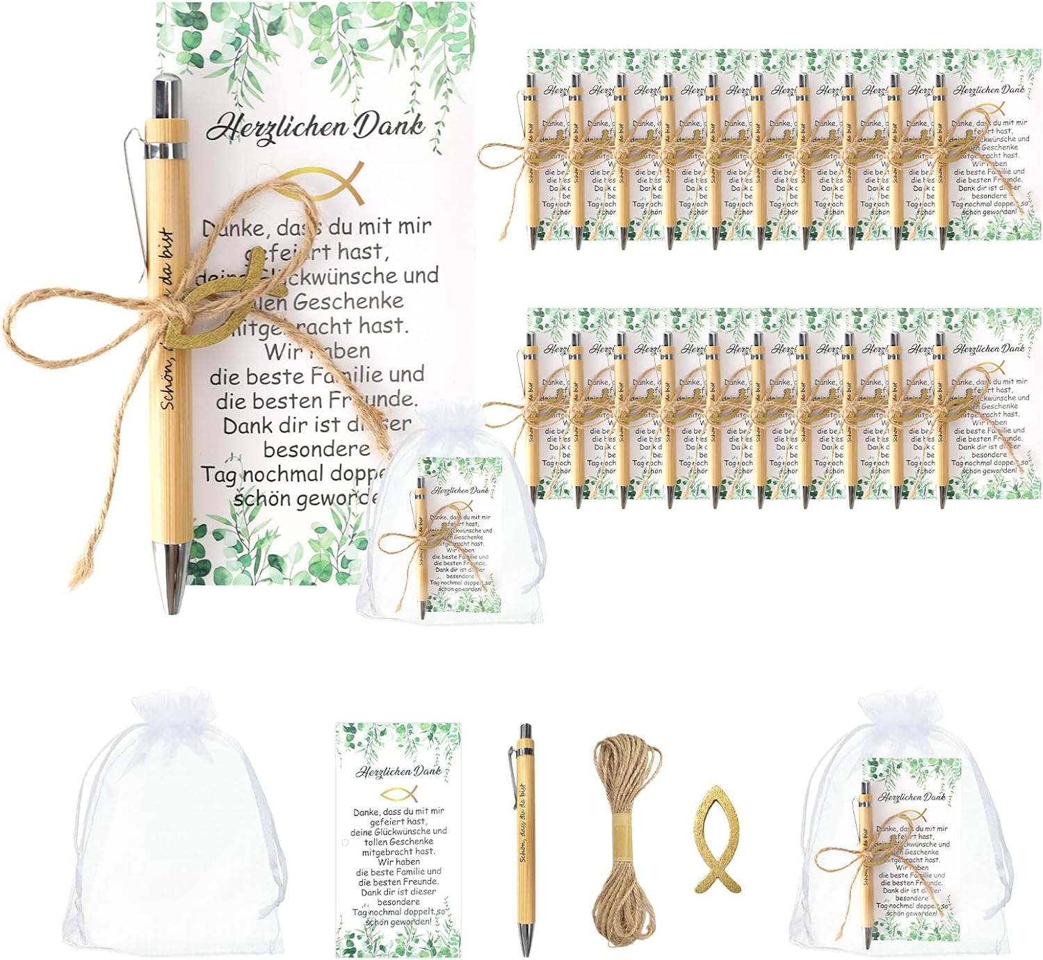 Gastgeschenke Kommunion: 20er Set Bambus-Holz-Kugelschreiber mit Dankeskarte, Holzfisch & Organzabeutel