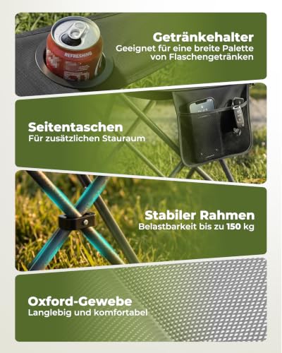 Thumbnail 6 de Homecall Campingstuhl Faltbar bis 150 kg – Angelstuhl 108 cm, Grau (2 Stück)