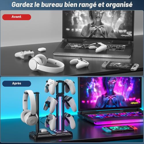 Thumbnail 7 de KDD Support de Casque avec 9 Modes d'Éclairage et Porte-Accessoires Universel