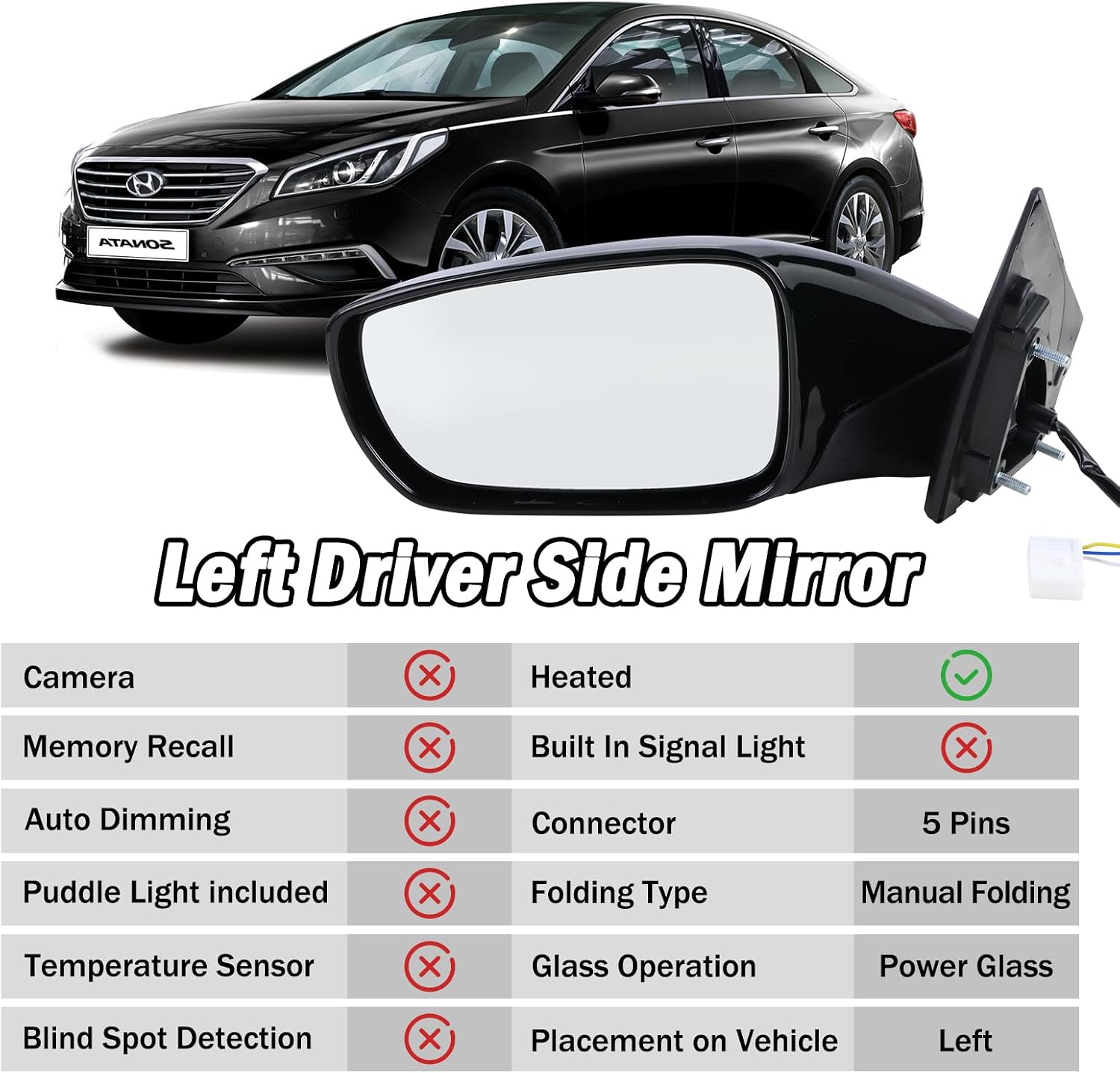 Detalle 2 de Replacement door mirror for Hyundai Sonata, 5-pin