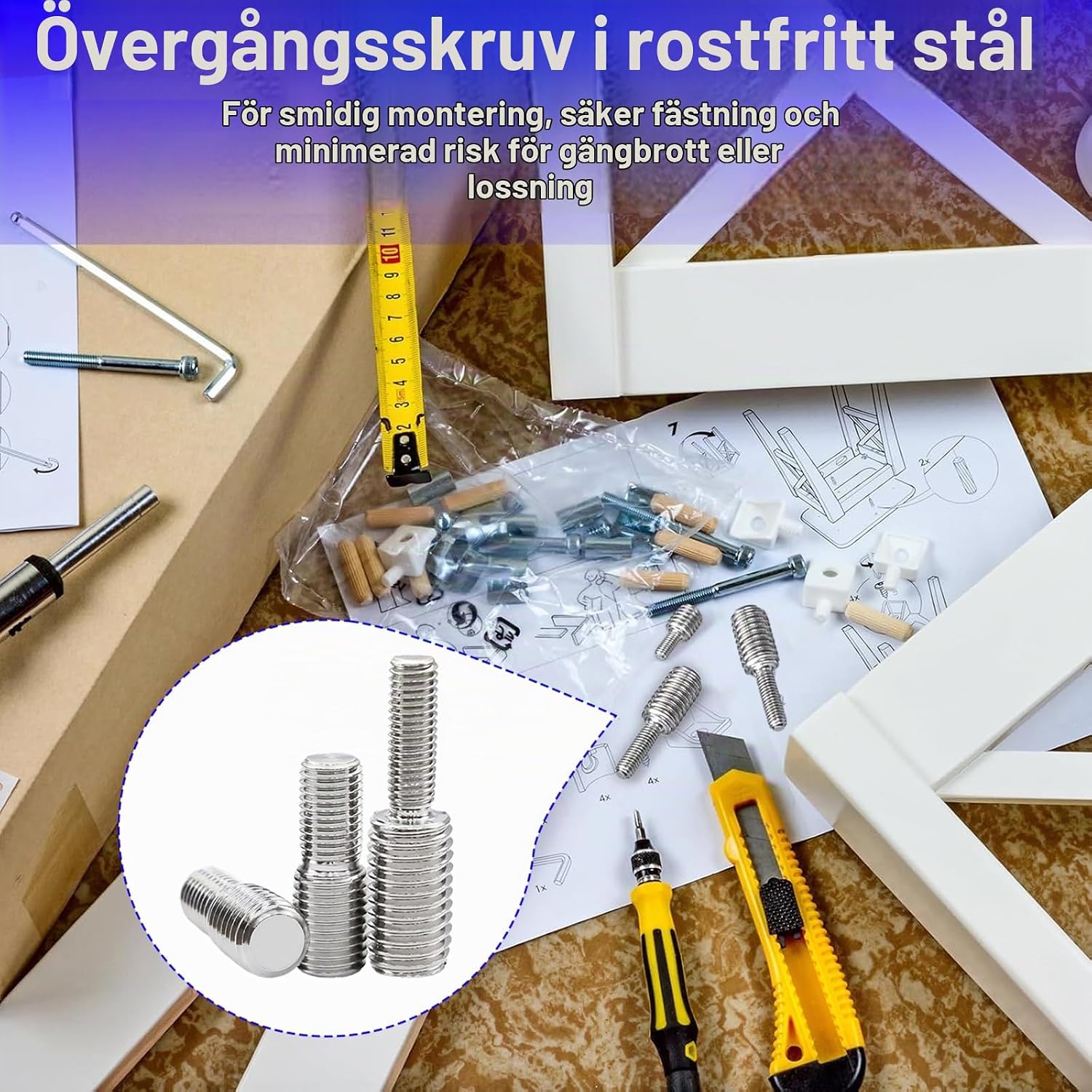 Thumbnail 1 de CALLYSONIC dubbelgängad pinnbult M6 till M8 i 304 rostfritt stål