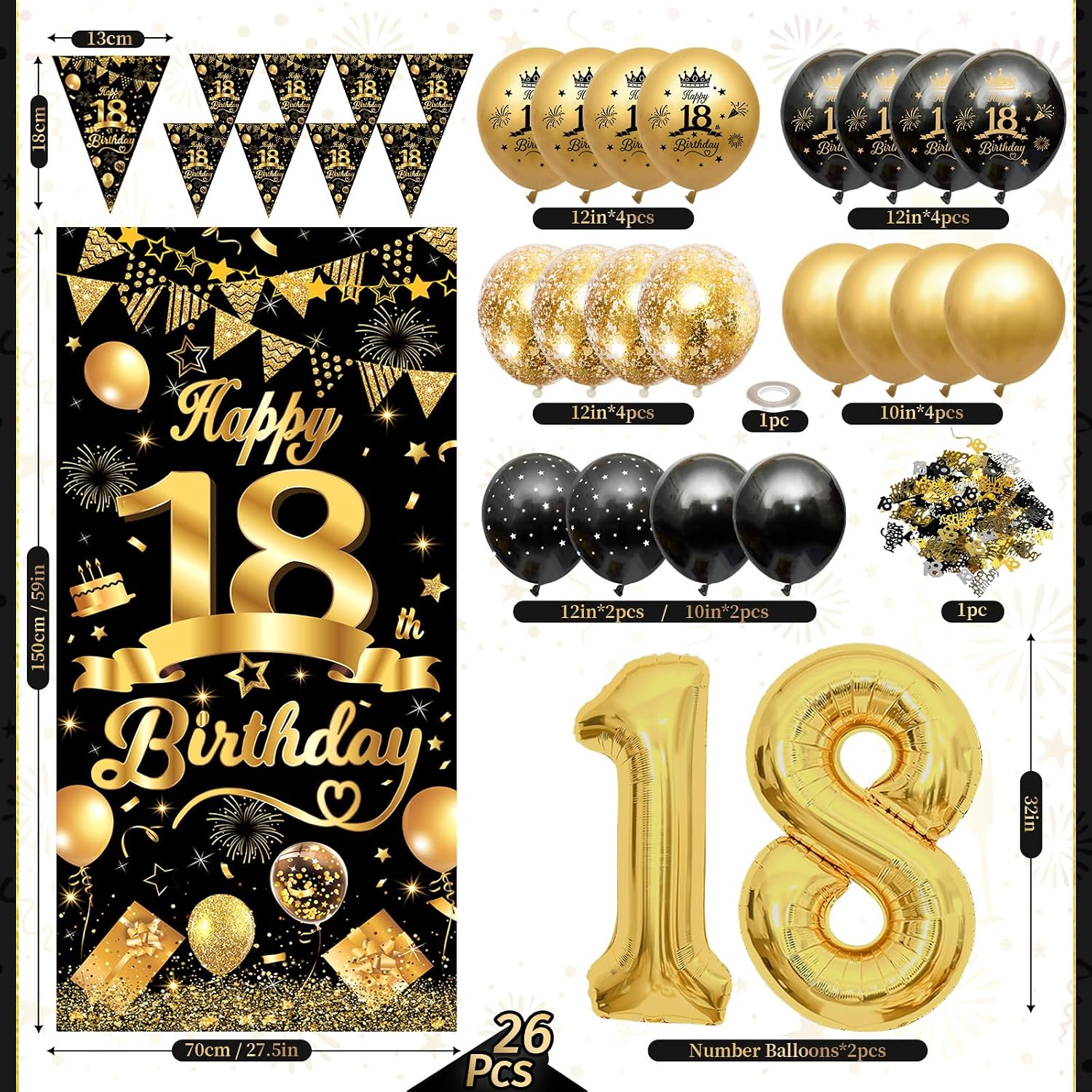 Detalle de AivaToba 18th Birthday Decorations for Boys & Girls – Black & Gold Balloons, Banner & Triangle Flags
