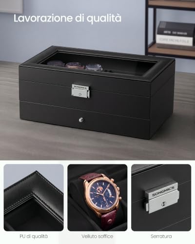 Detalle de SONGMICS Porta Orologi, 6 Posti, con Cassetto e Coperchio in Vetro – Organizzazione elegante per tuo stile