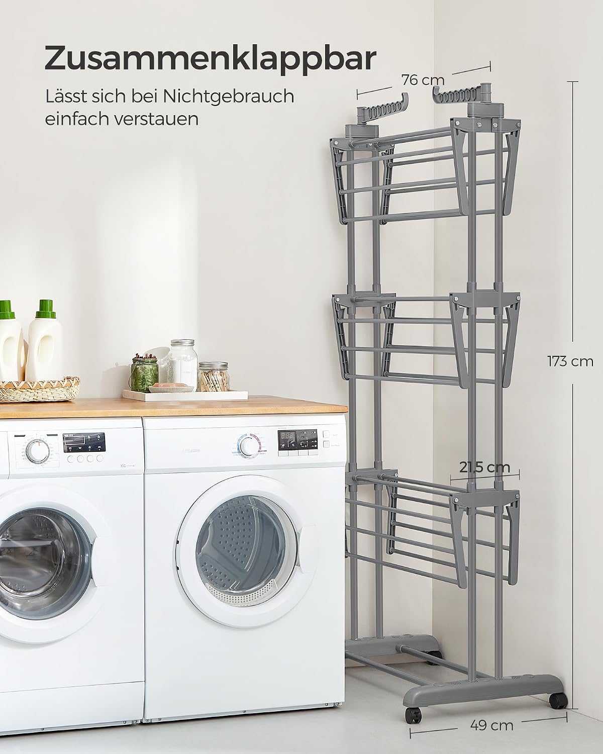 Thumbnail 6 de SONGMICS Wäscheständer LLR701G01 – Standtrockner mit 4 Ebenen, klappbaren Flügeln und Rollen (63,5 x 128 x 173 cm)