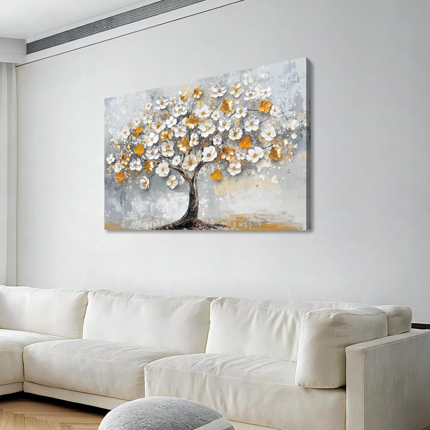 Detalle 2 de Weiß Gold Blühende Bäume – Große Leinwand mit Rahmen 120x80 cm
