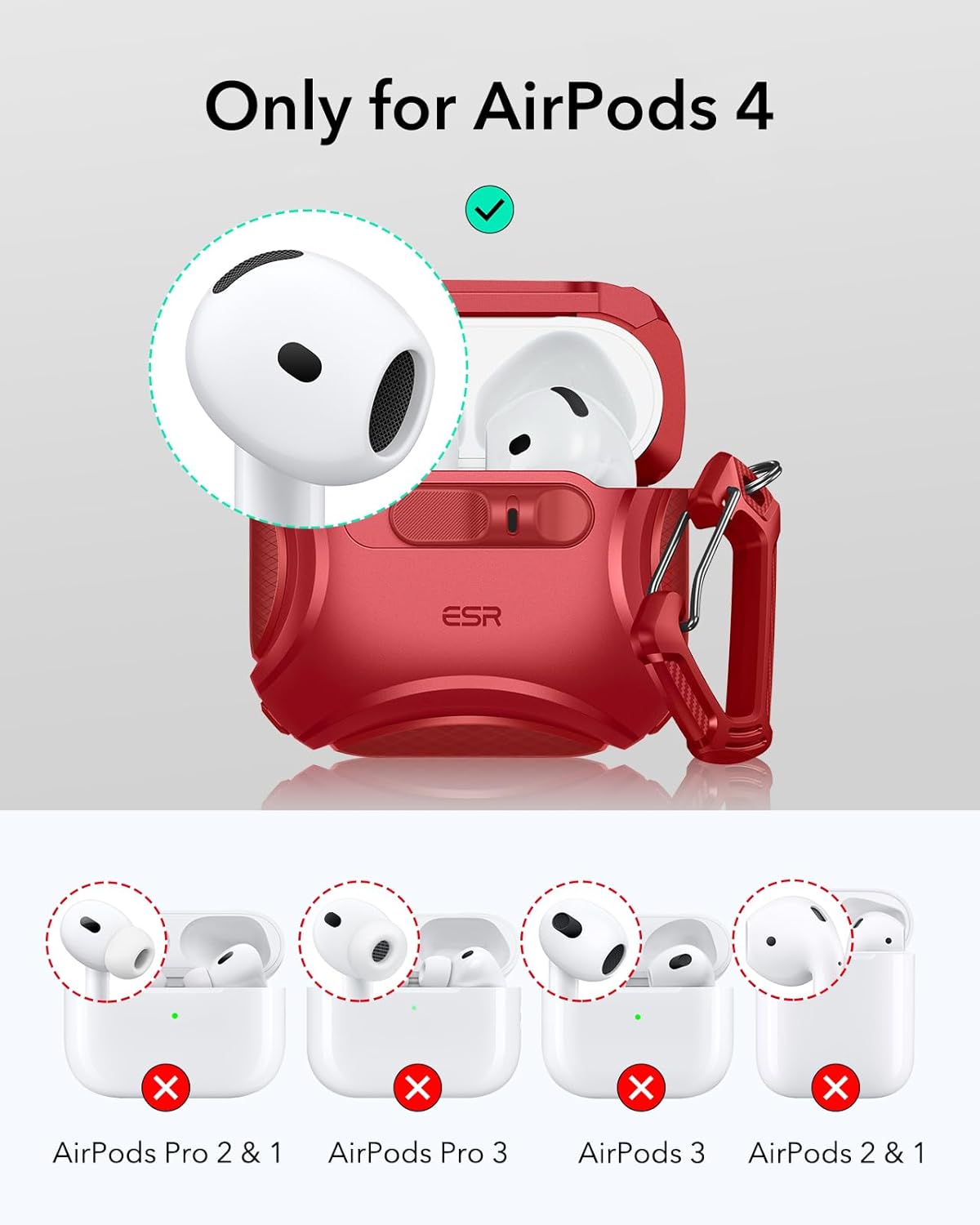 Thumbnail 1 de ESR AirPods 4 case (2024, USB‑C) with MagSafe support in Red – compatible with AirPods 4