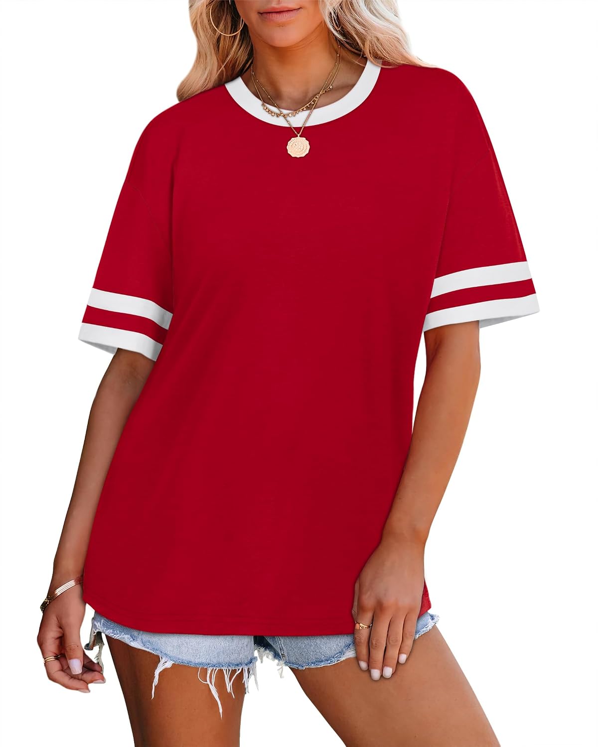 Detalle de WIHOLL Women's Loose Fit Short Sleeve Color Block Tee
