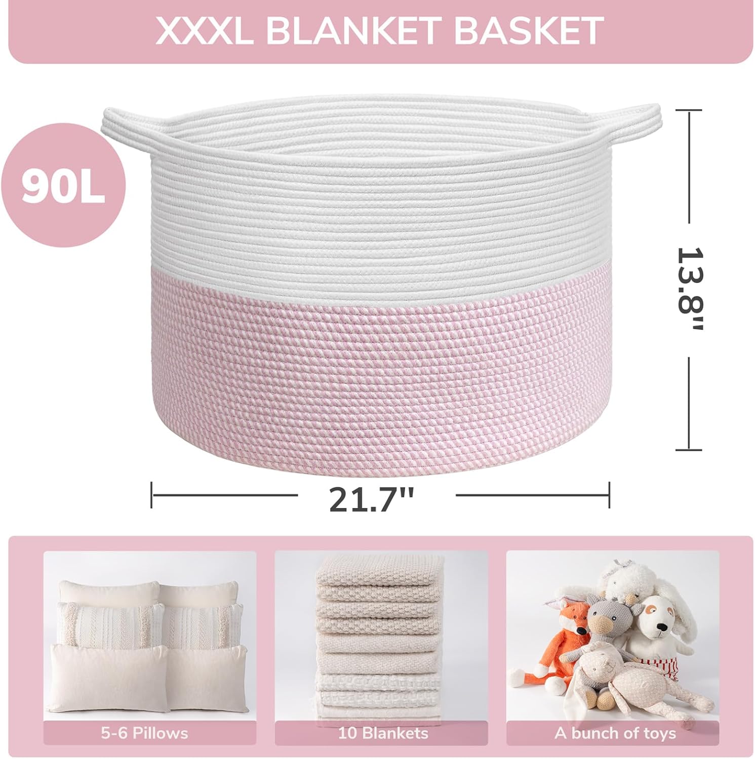 Detalle de INDRESSME woven-xlarge pinkINDRESSME XXLarge Woven Rope Basket, 90L