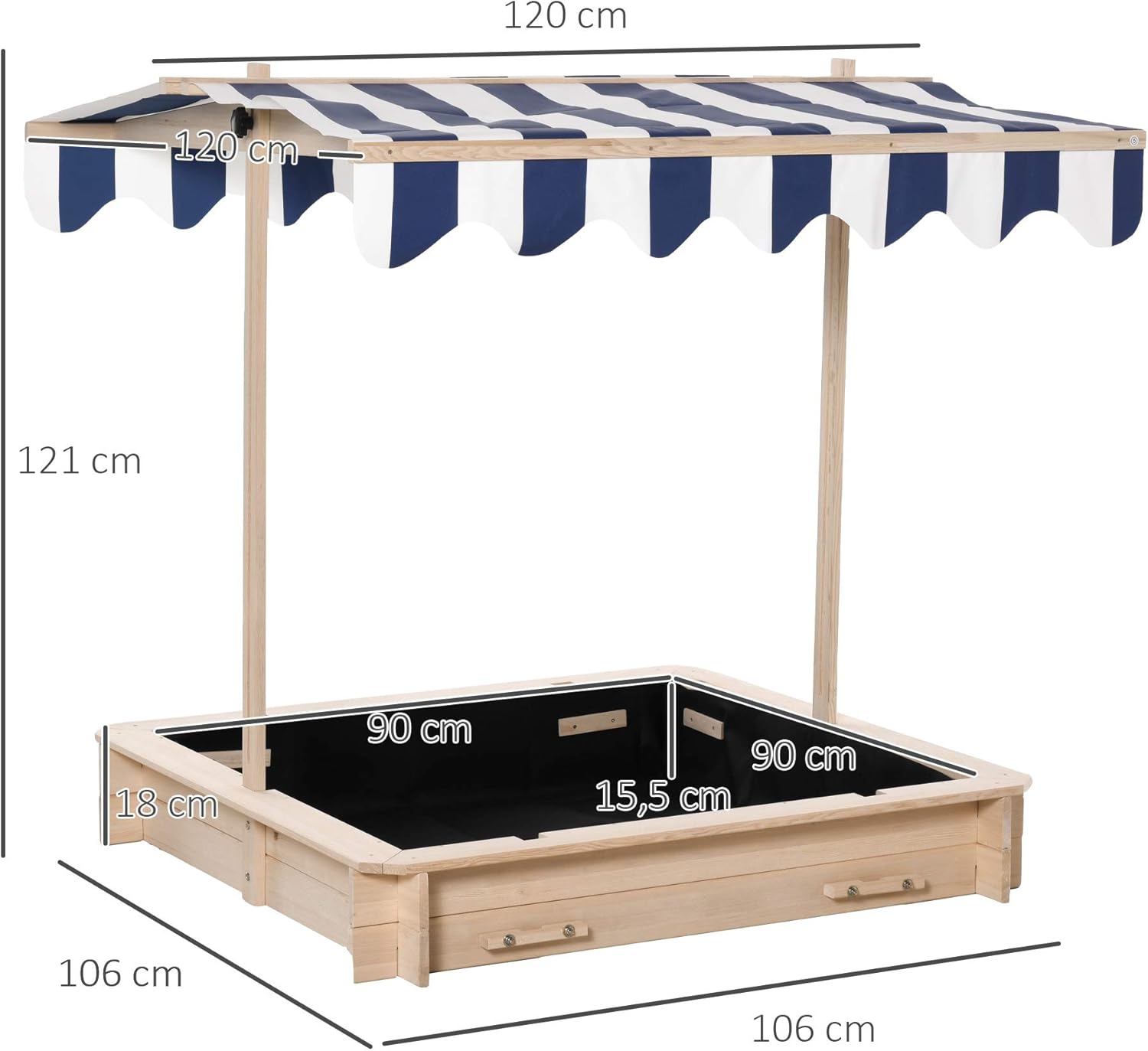 Thumbnail 6 de Outsunny bac à sable carré en bois pour enfants avec bancs et couvercle, auvent réglable
