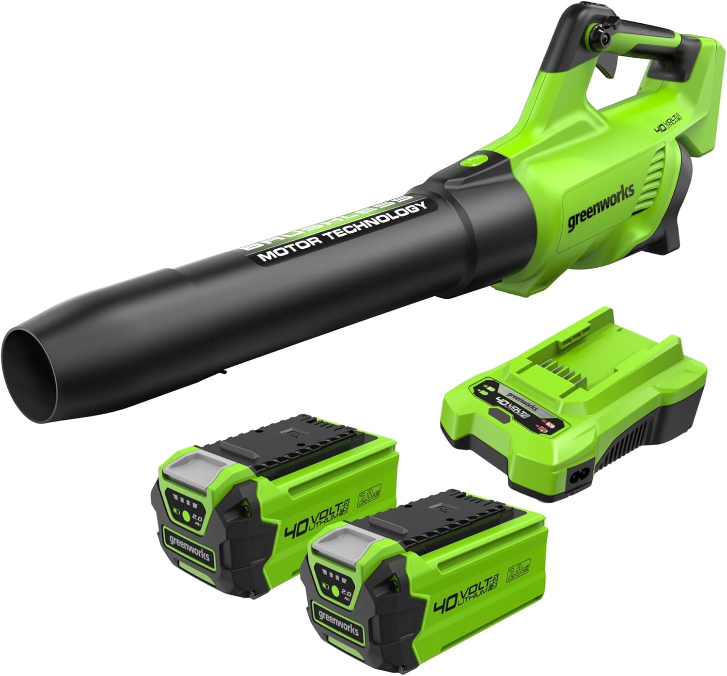 Greenworks GD40ABK2X Soffiatore di foglie a batteria 40V brushless, 210 km/h e 15,6 m³/min