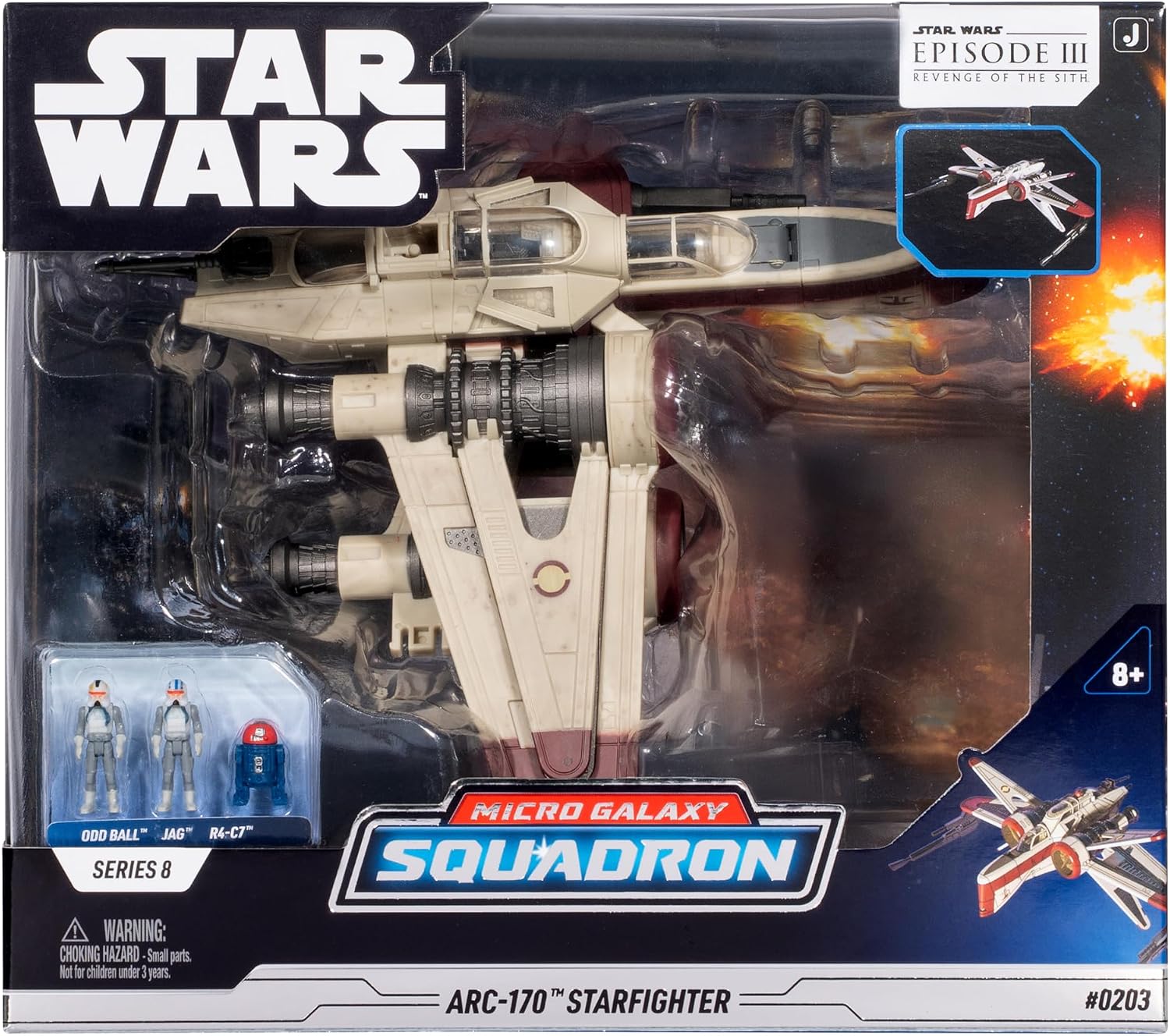 Detalle de Jazwares ARC-170 スターファイター 8インチビークル、開閉ウィングとマイクロフィギュア3体付き