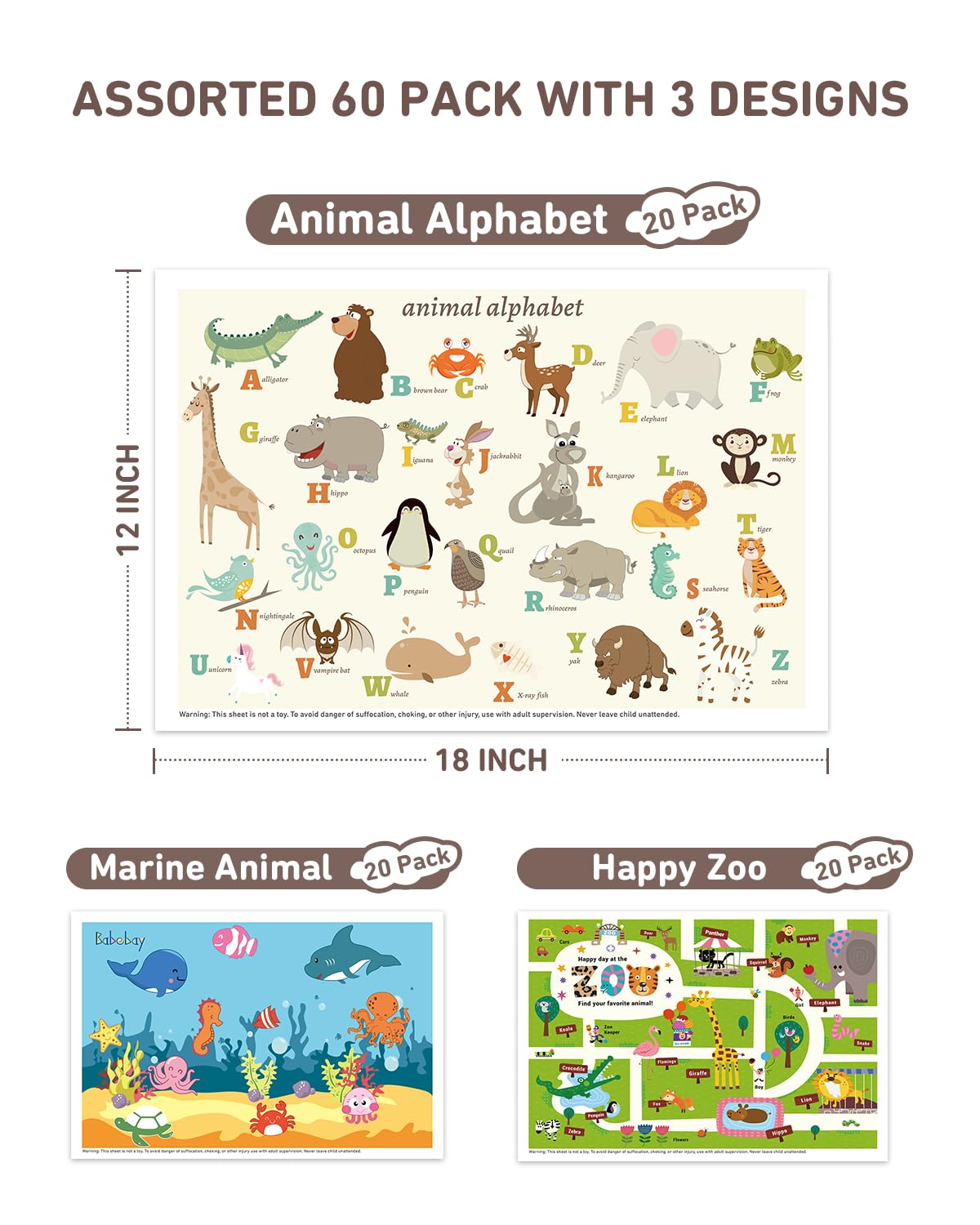 Thumbnail 1 de Babebay Disposable Stick-On Placemats, 60-Pack, 3 Animal Designs