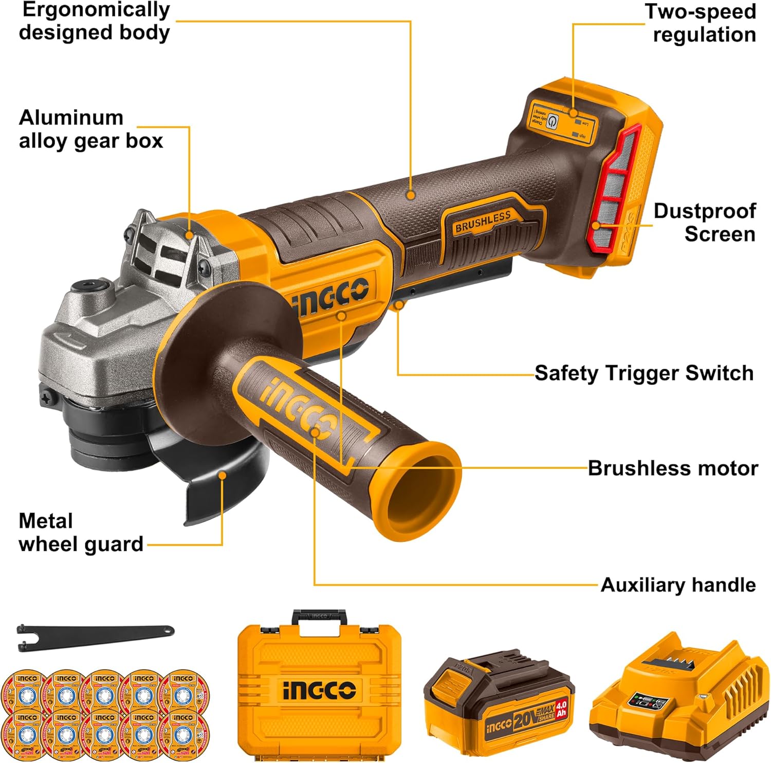 Thumbnail 2 de INGCO 20V Cordless Angle Grinder 115mm (Brushless) with Safety Trigger Switch, 4.0Ah Battery & Charger, CAGLI2111561