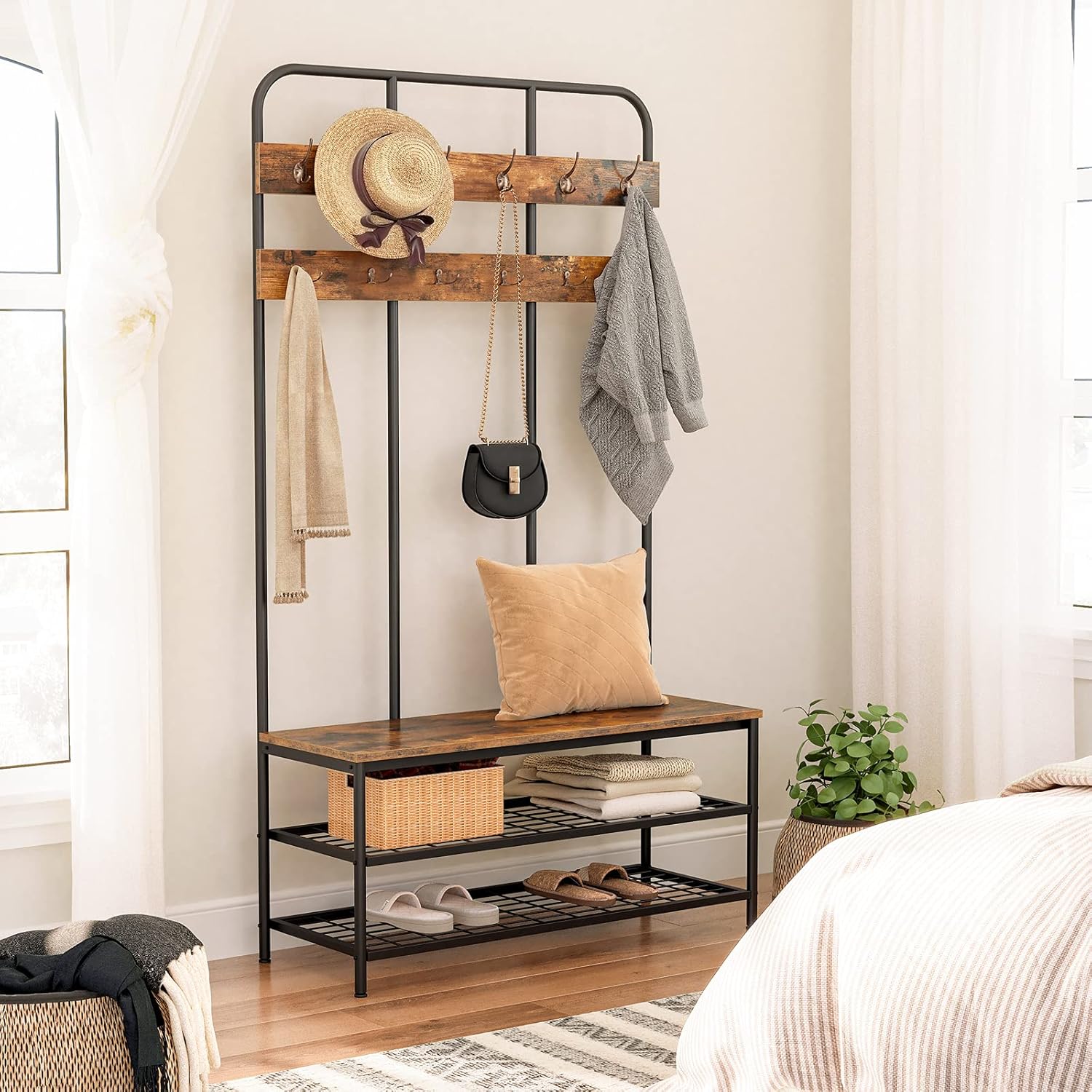Thumbnail 2 de HOOBRO Grande Attaccapanni con Scarpiera e 12 Ganci – Mobile ingresso in metallo, stile industriale, 180 x 100 x 35,5 cm