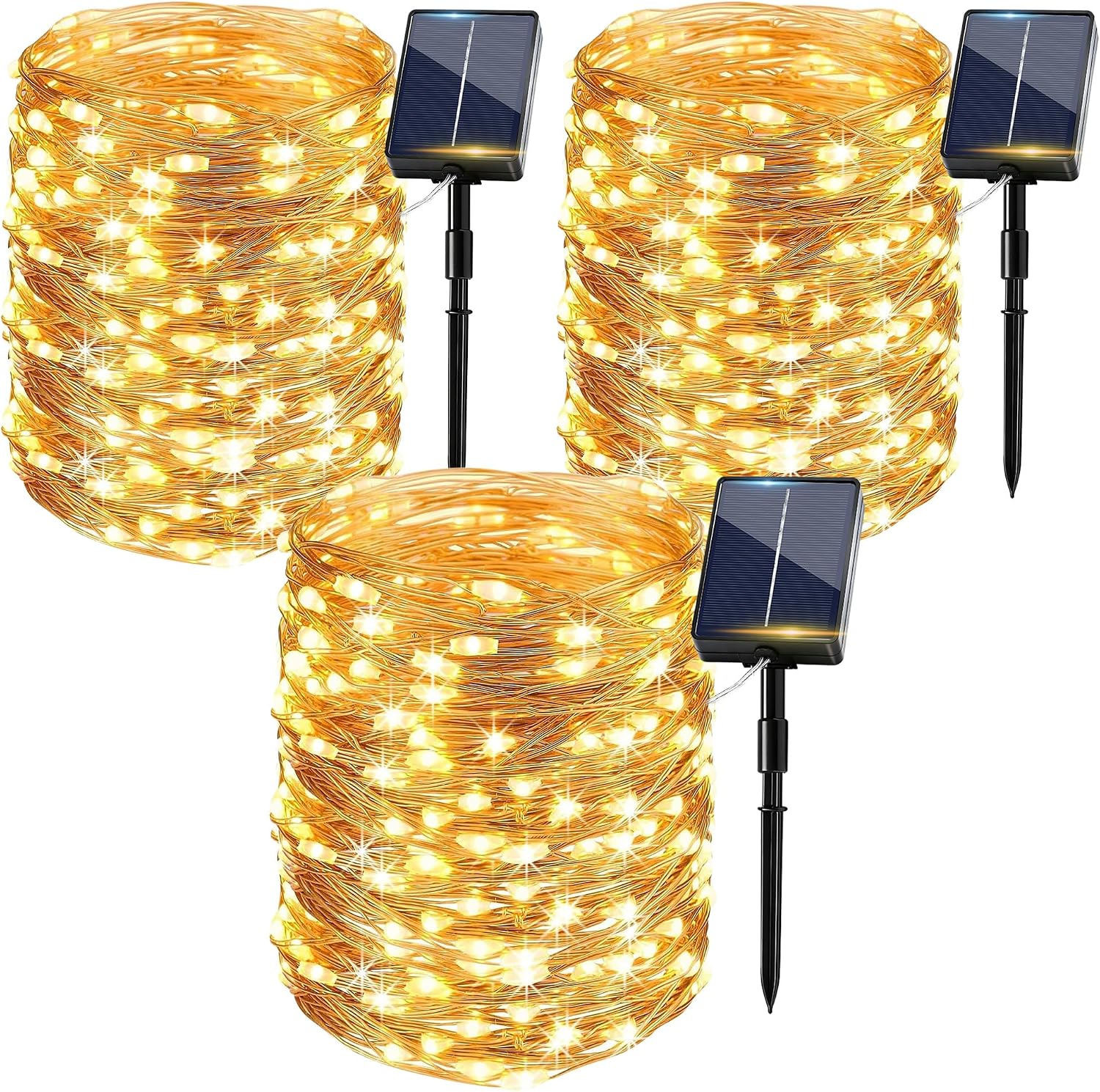 Detalle de Luci Solari Esterne Luci Solari Esterno 3 Pacchi 15+2M 150LED IP65 - Filo di Rame, Bianco Caldo