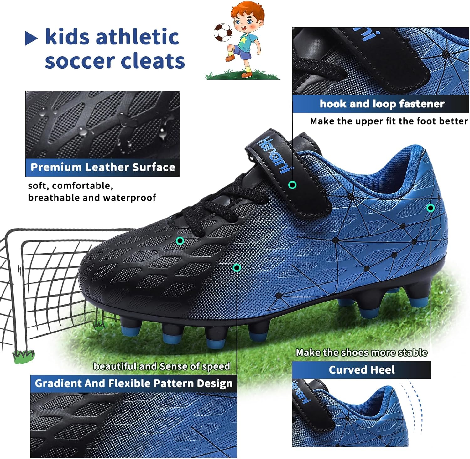 Thumbnail 1 de Boys Football Boots Shoes for Kids and Teens: FG/AG Soccer Cleats with Adjustable Hook-and-Loop Fit