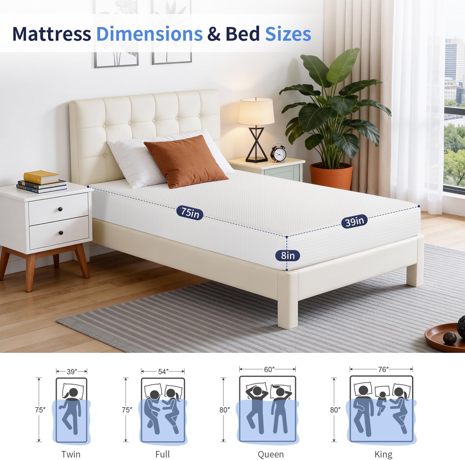 Thumbnail 5 de FDW MEM-8T138-White Twin Mattress, 8-Inch Gel Memory Foam, Medium Firm