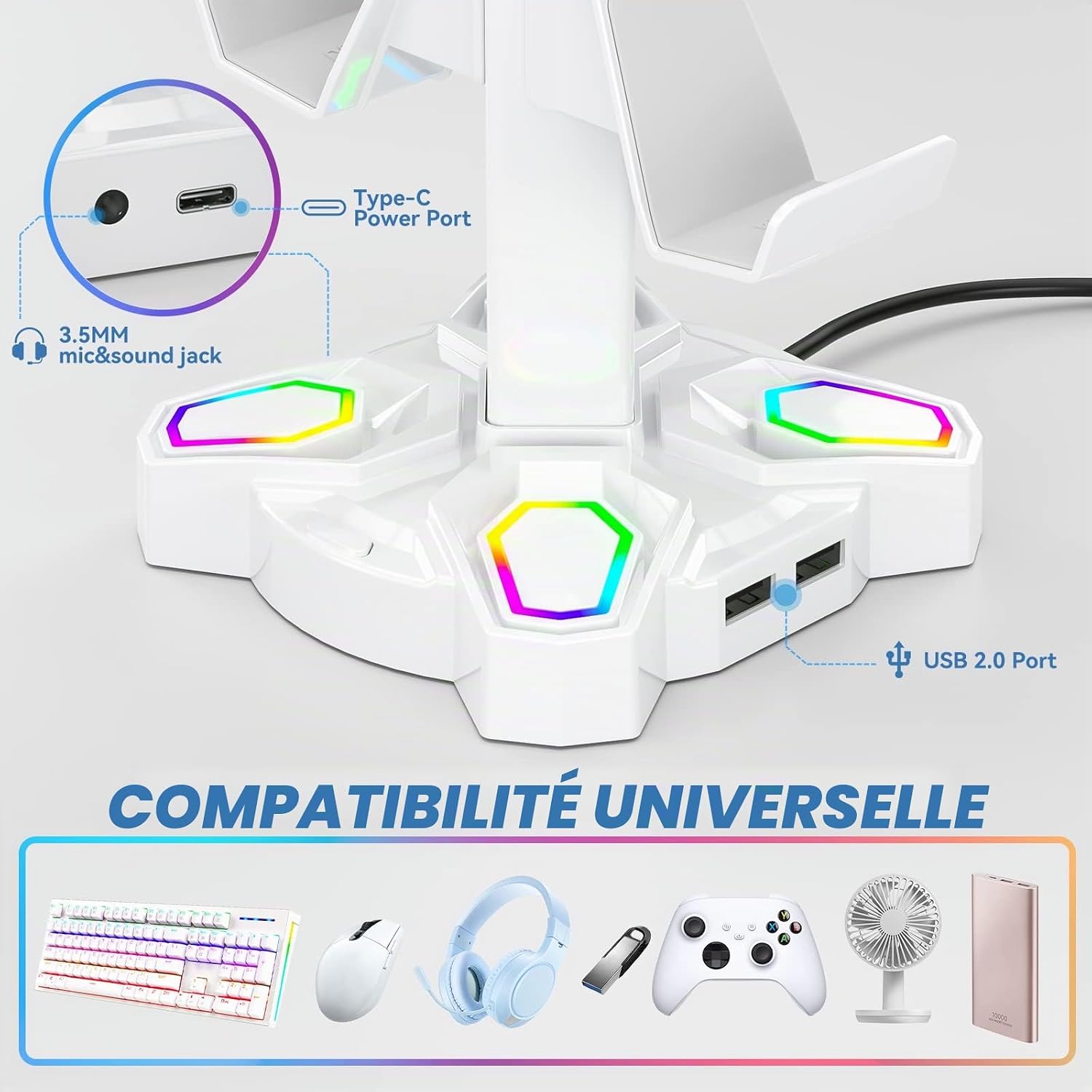 Thumbnail 3 de KDD Support Casque Gamer – Porte-casque rotatif avec 9 modes lumineux et station pour manettes (USB, 3,5 mm et Type-C) – Blanc