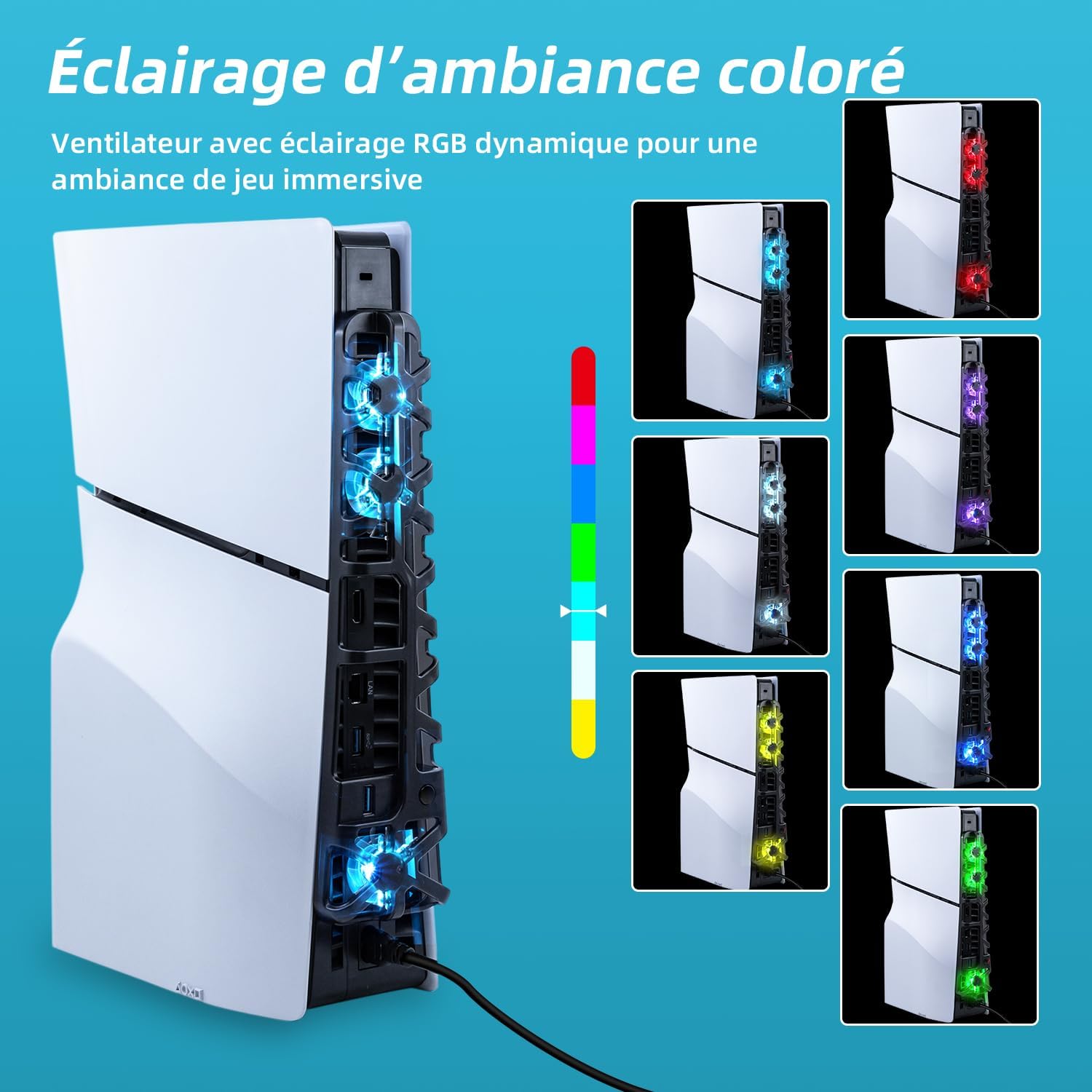 Thumbnail 2 de Tolesum Ventilateur de refroidissement pour PS5 Slim avec éclairage LED RGB (USB arrière) – Noir