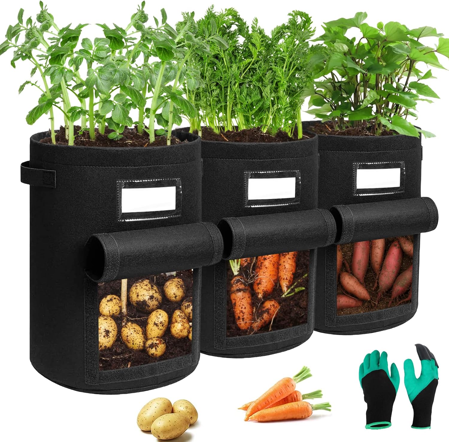 Detalle de Airminti Kartoffel Pflanzsack – 3er-Pack Filz Gartensack mit Visualisierungsfenster