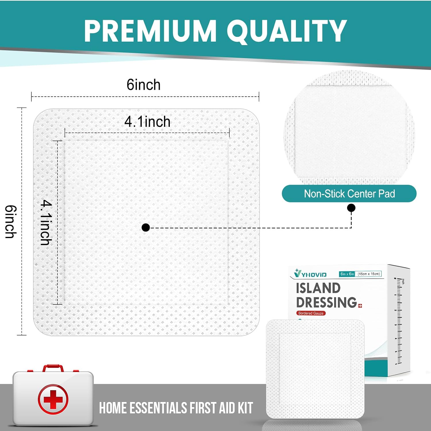 Detalle de YHOVID 6" x 6" Bordered Gauze Island Dressings, Non-Stick Center, 50 Count