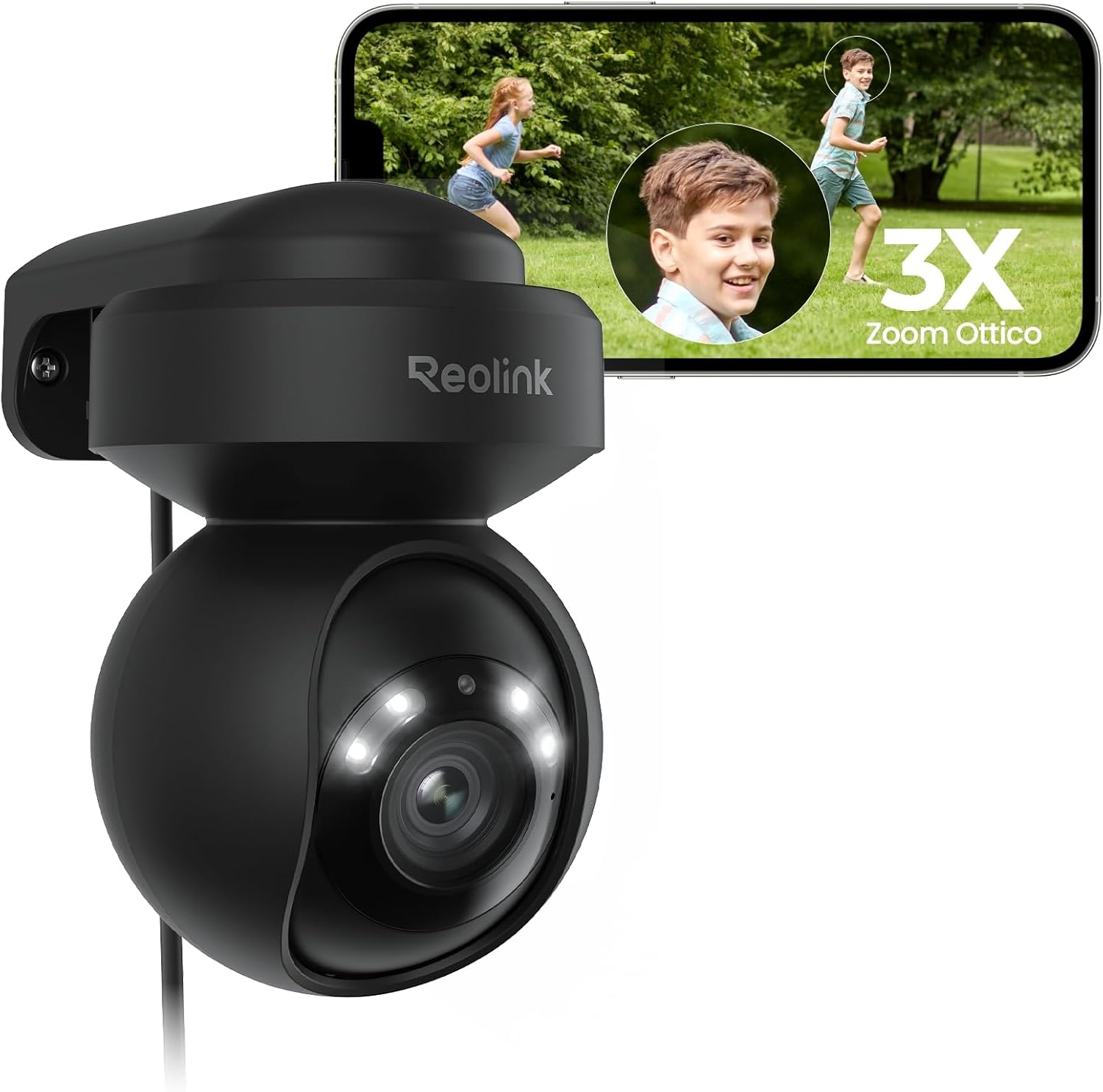 Detalle de Reolink E1 Outdoor 5MP Wi‑Fi esterna con PTZ 355°/50°, 3x zoom e audio bidirezionale