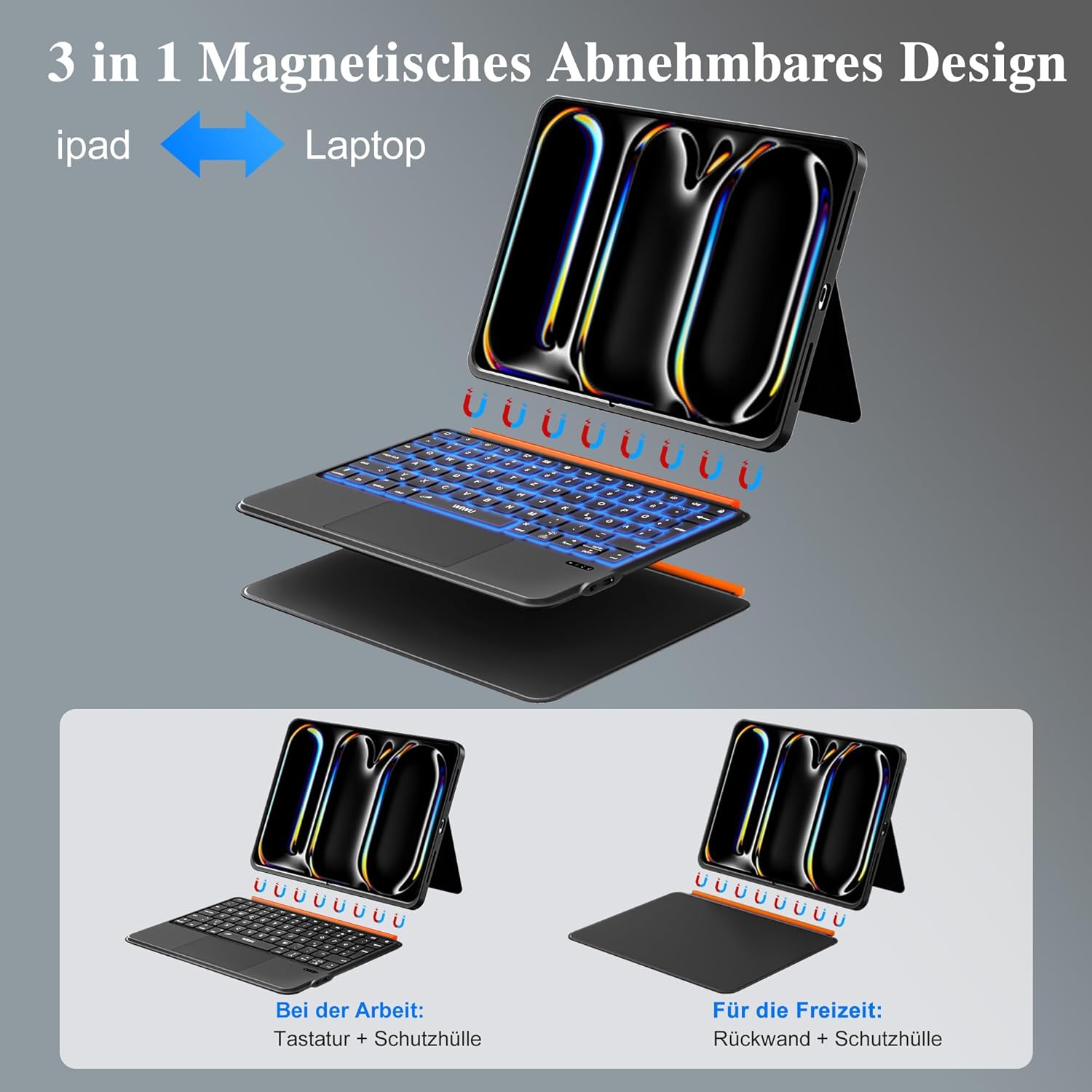 Thumbnail 3 de WIWU 3-in-1 Keyboard Hülle fürs iPad Pro 11 (M4/M5, 2024/2025) – magnetisch abnehmbar, Beleuchtete Tastatur mit Touchpad